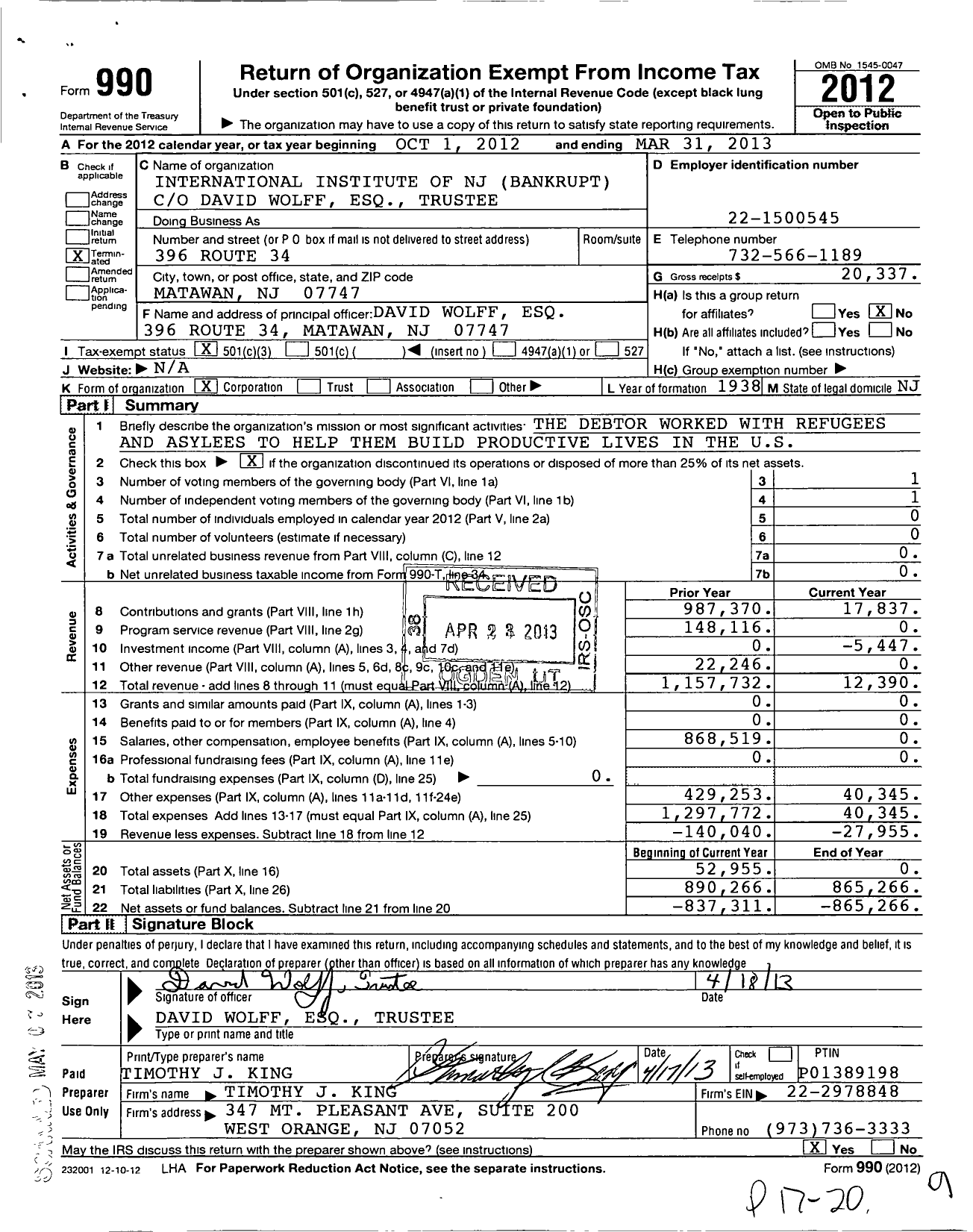 Image of first page of 2012 Form 990 for International Institute of NJ