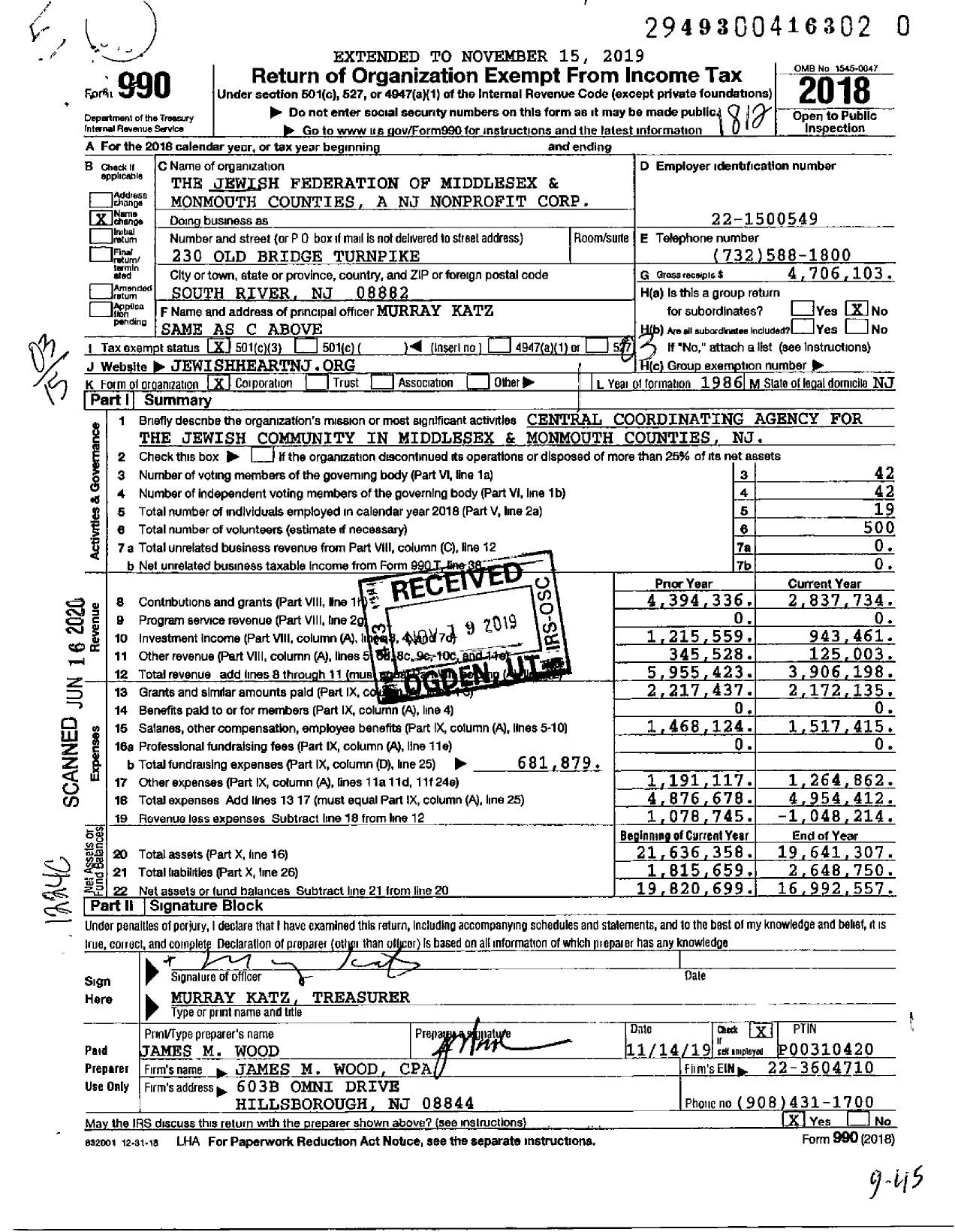 Image of first page of 2018 Form 990 for the Jewish Federation of Middlesex and Monmouth Counties A NJ Nonprofit Corporation