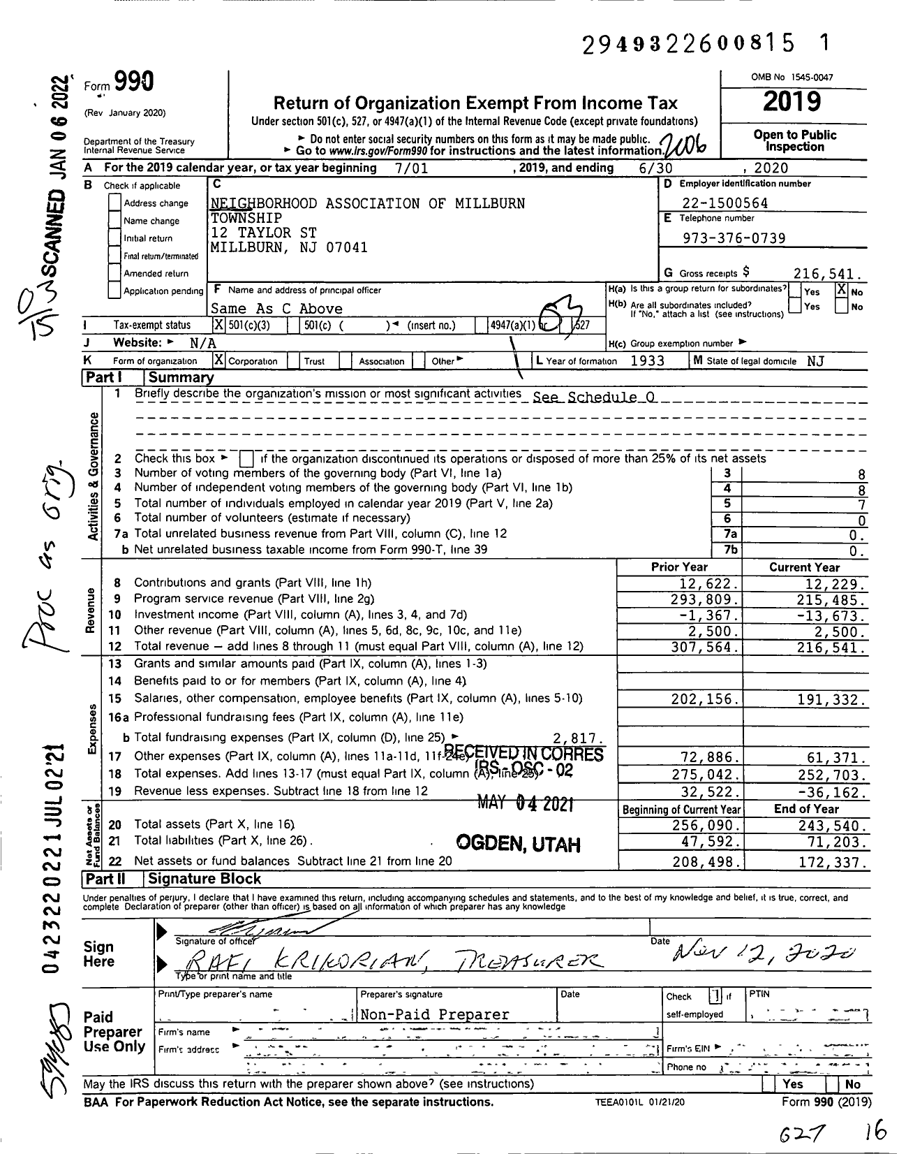 Image of first page of 2019 Form 990 for Neighborhood Association of Millburn Township