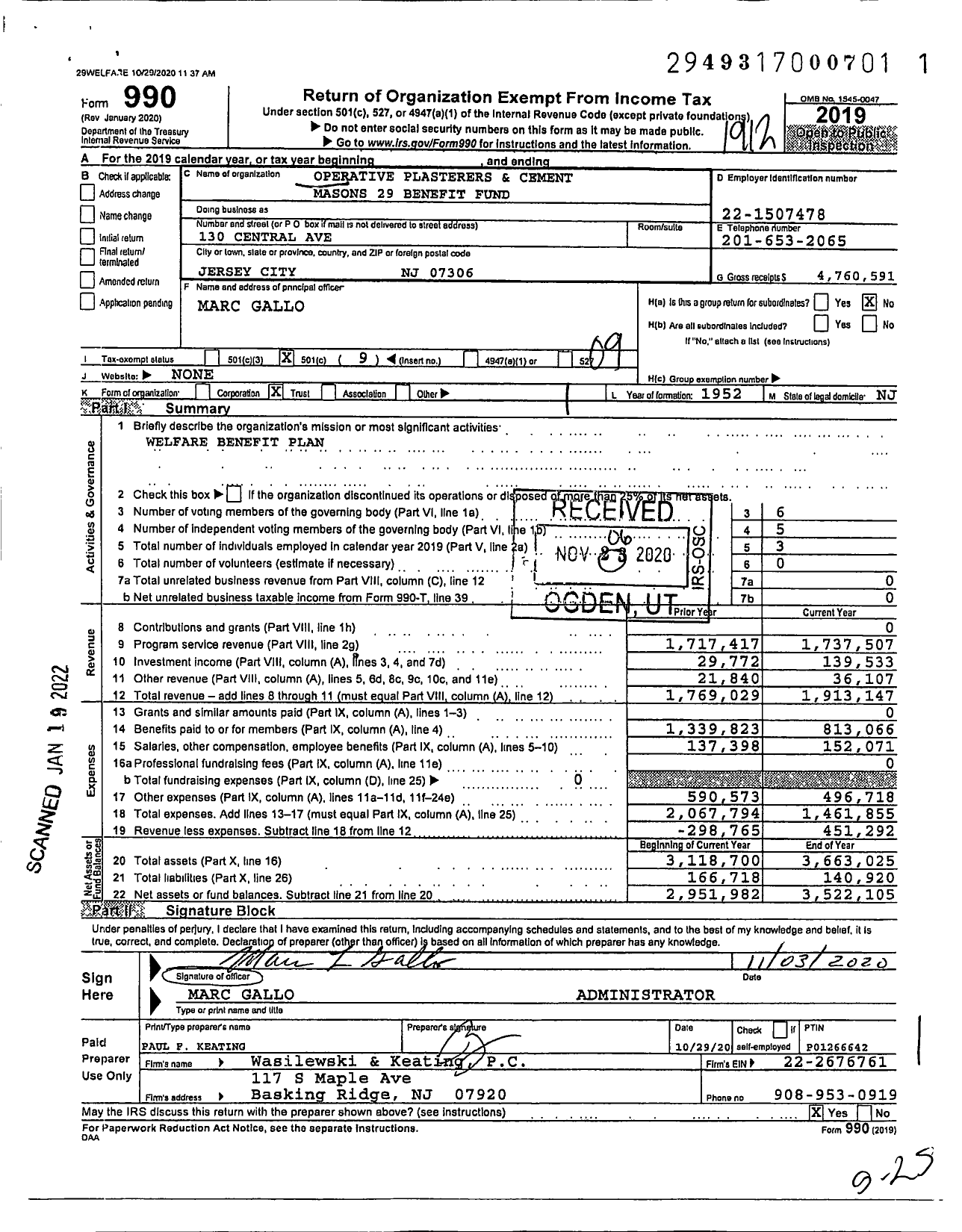 Image of first page of 2019 Form 990O for Operative Plasterers' and Cement Masons' International Association - Masons 29 Benefit Funds