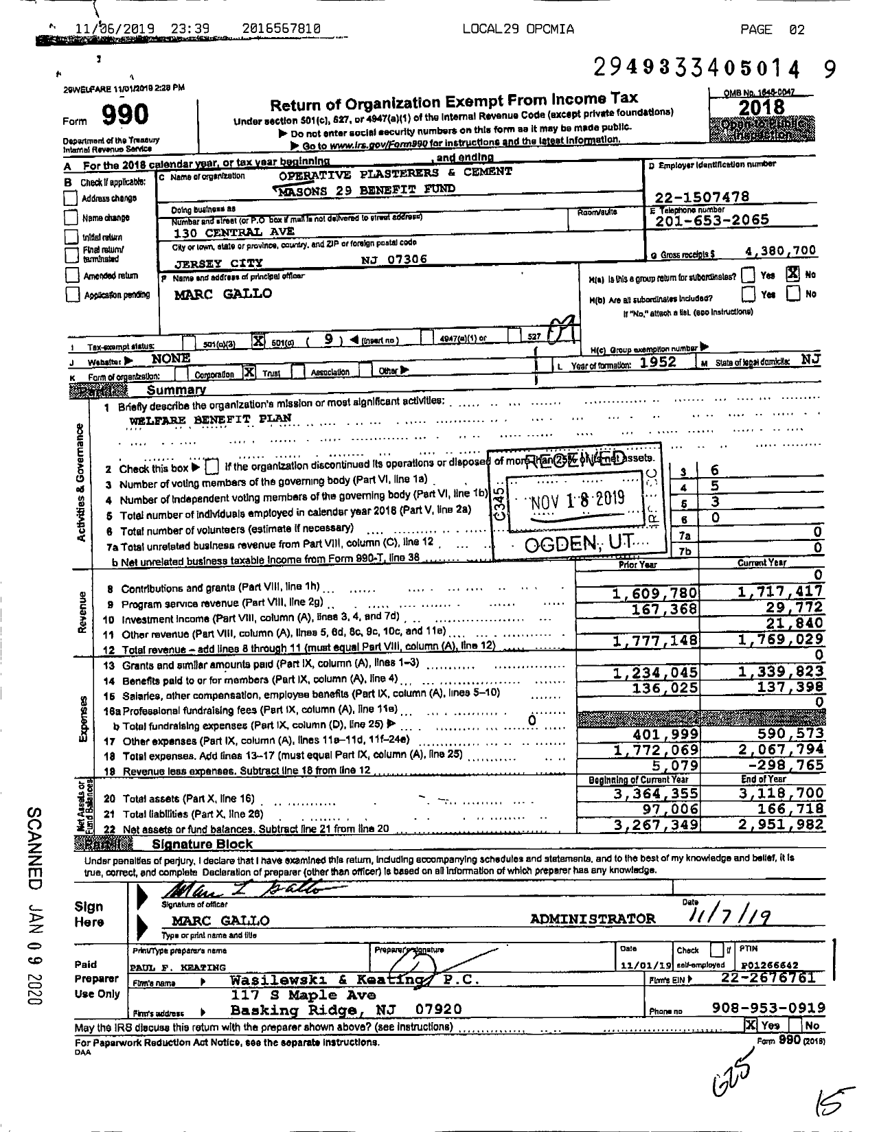 Image of first page of 2018 Form 990O for Operative Plasterers' and Cement Masons' International Association - Masons 29 Benefit Funds