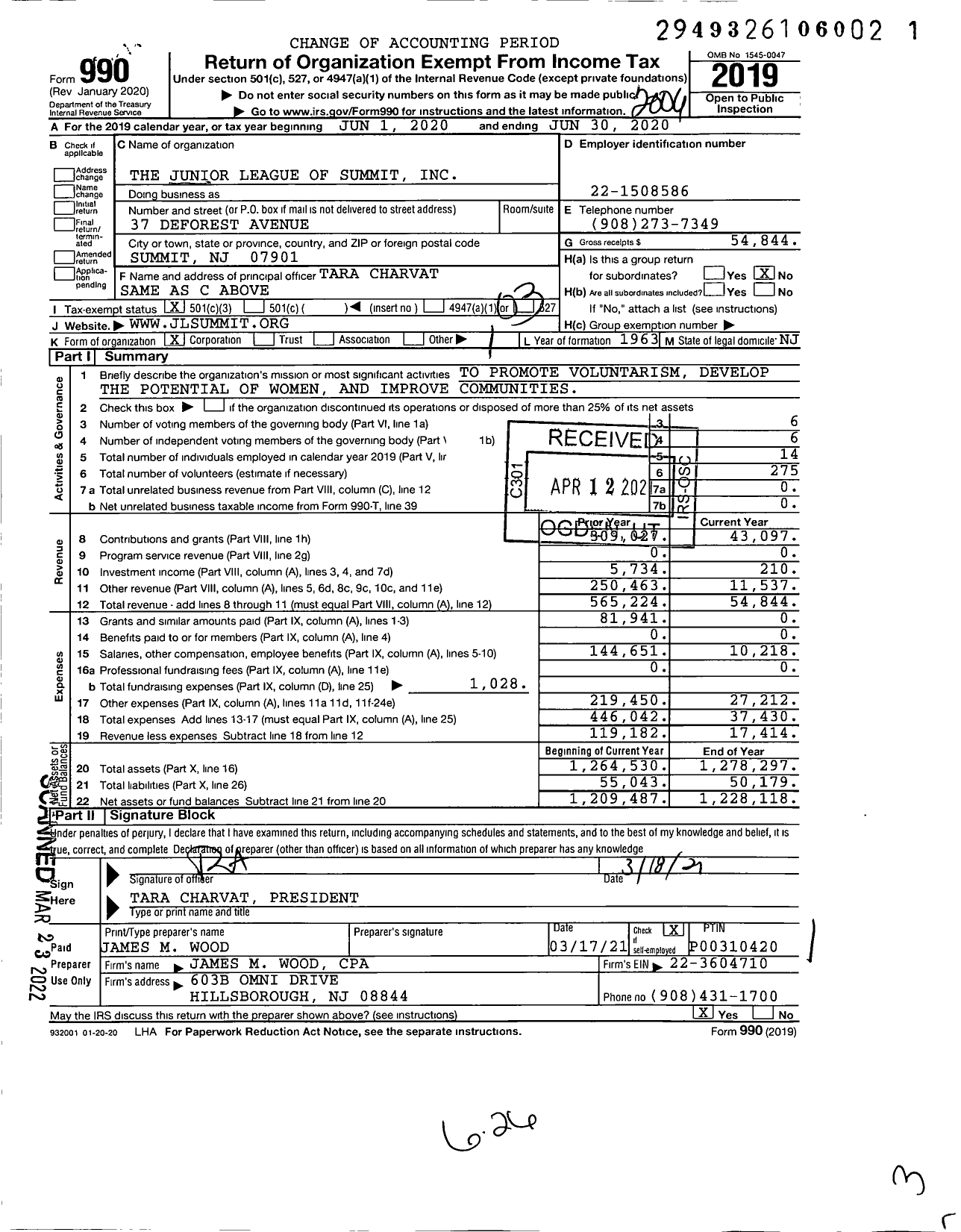 Image of first page of 2019 Form 990 for The Junior League of Summit