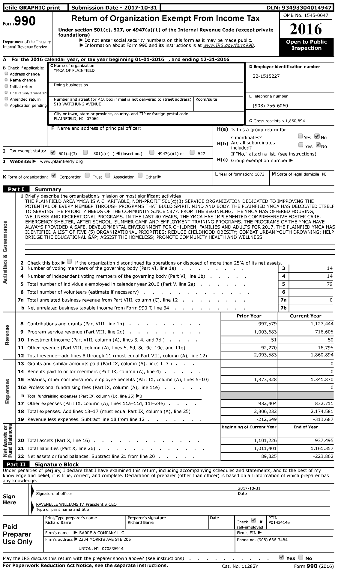 Image of first page of 2016 Form 990 for Plainfield Area YMCA