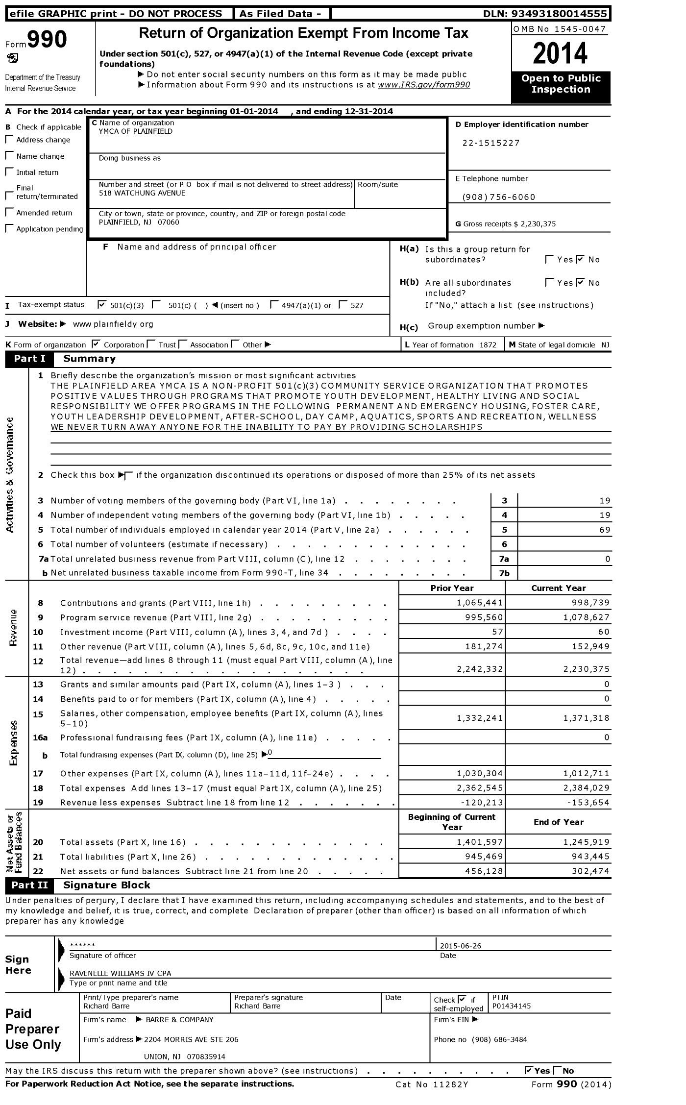 Image of first page of 2014 Form 990 for Plainfield Area YMCA