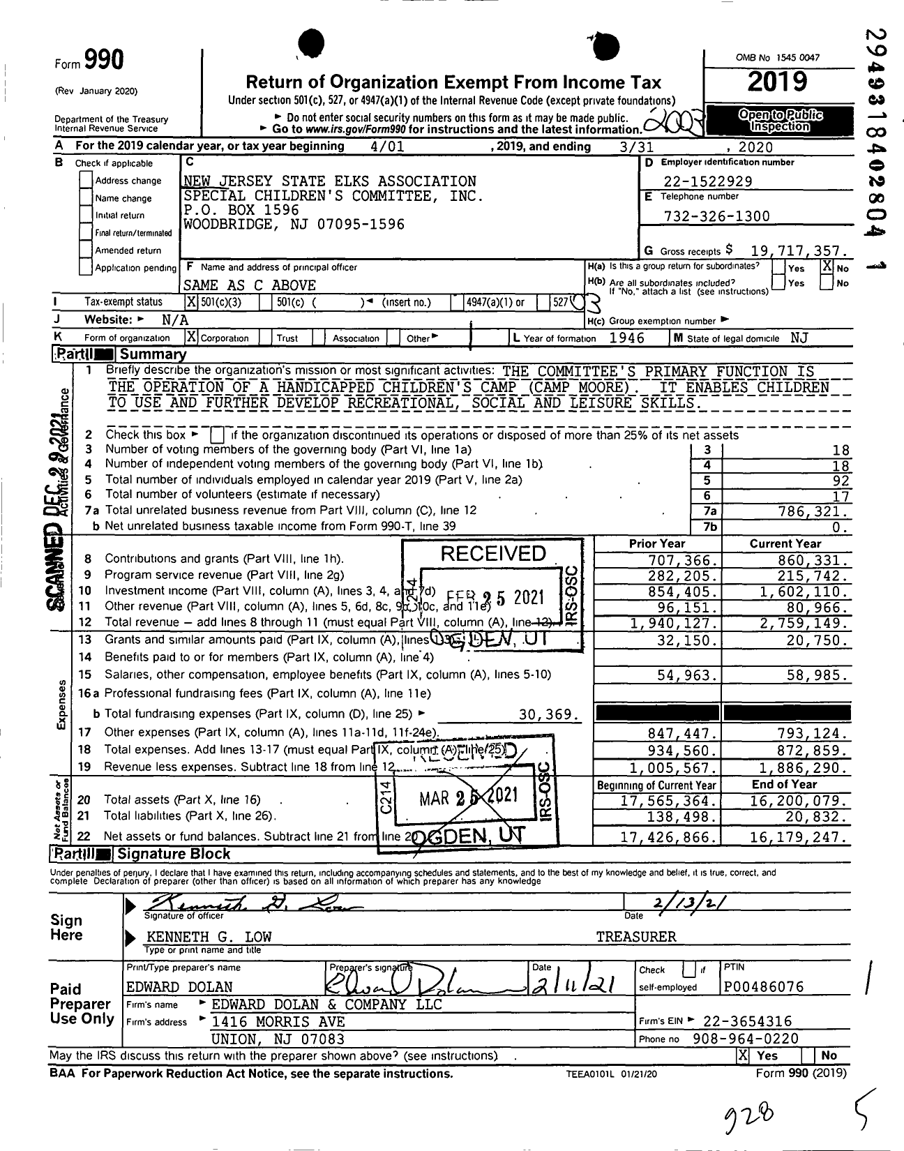 Image of first page of 2019 Form 990 for New Jersey State Elks Association.