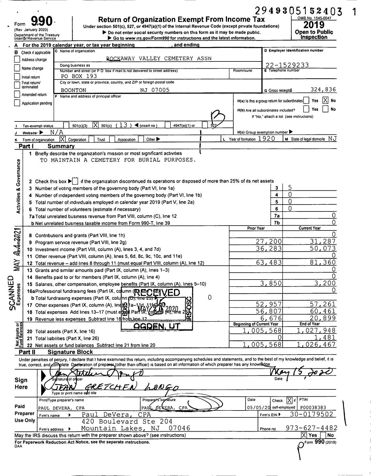 Image of first page of 2019 Form 990O for Rockaway Valley Cemetery Association