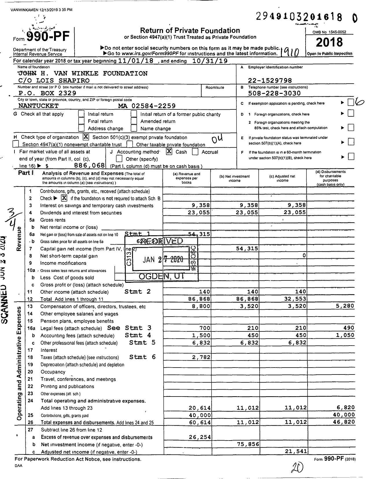 Image of first page of 2018 Form 990PR for John H Van Winkle Foundation