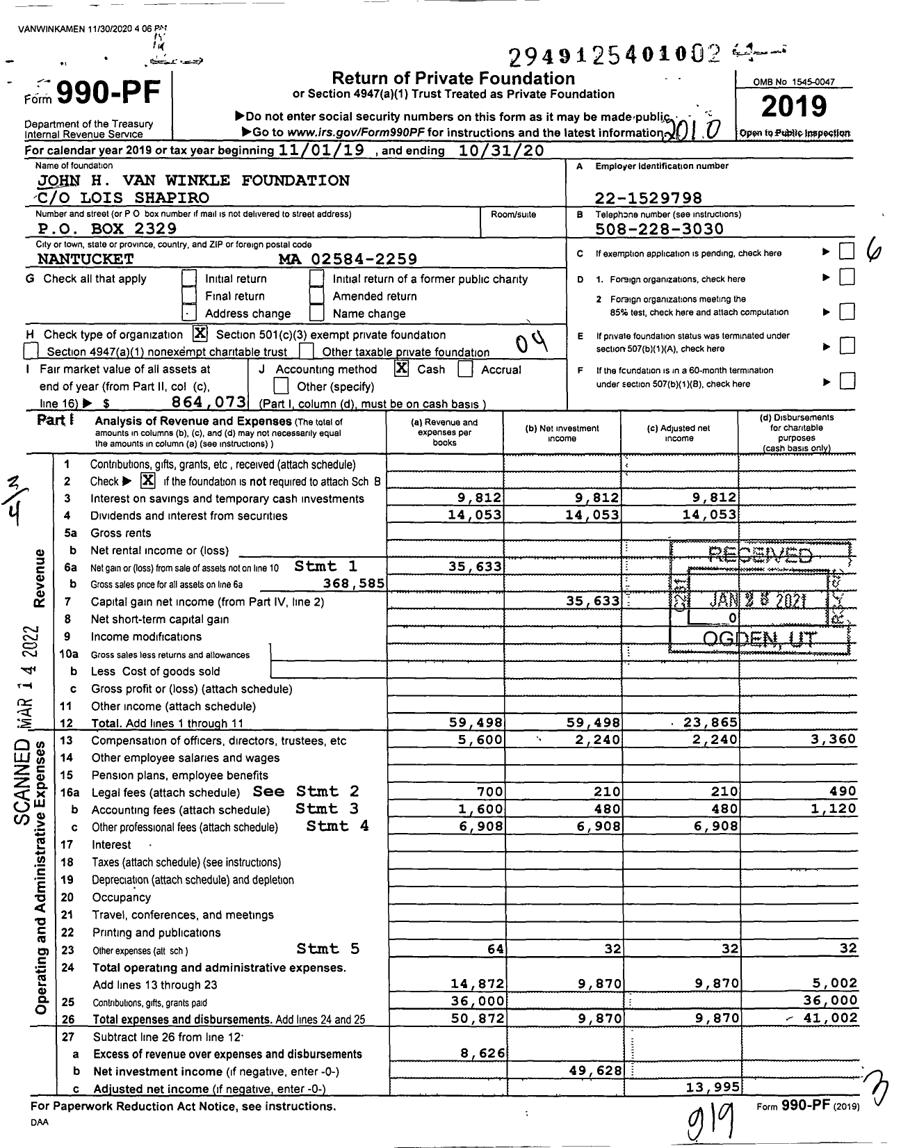 Image of first page of 2019 Form 990PF for John H Van Winkle Foundation