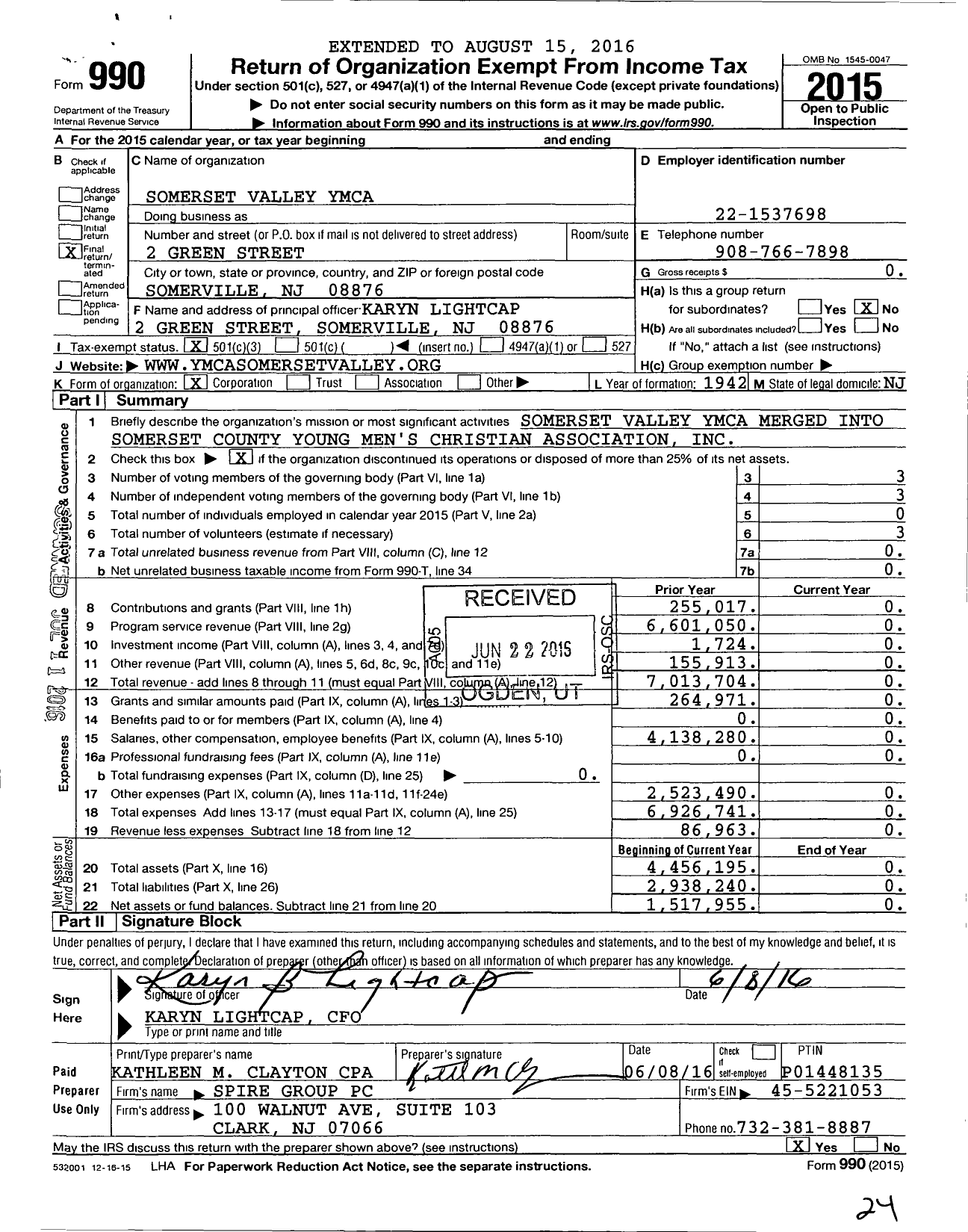 Image of first page of 2015 Form 990 for Somerset Valley YMCA