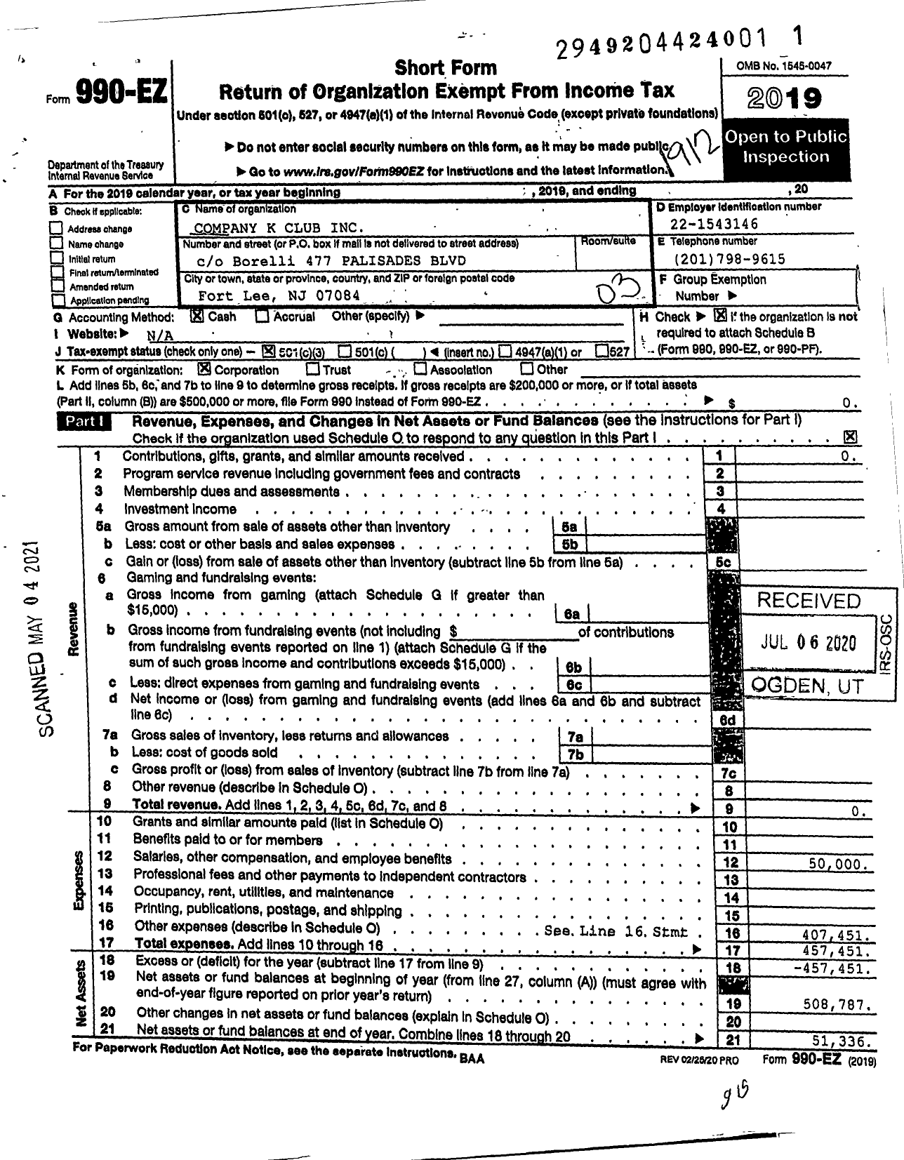 Image of first page of 2019 Form 990EZ for Company K Club