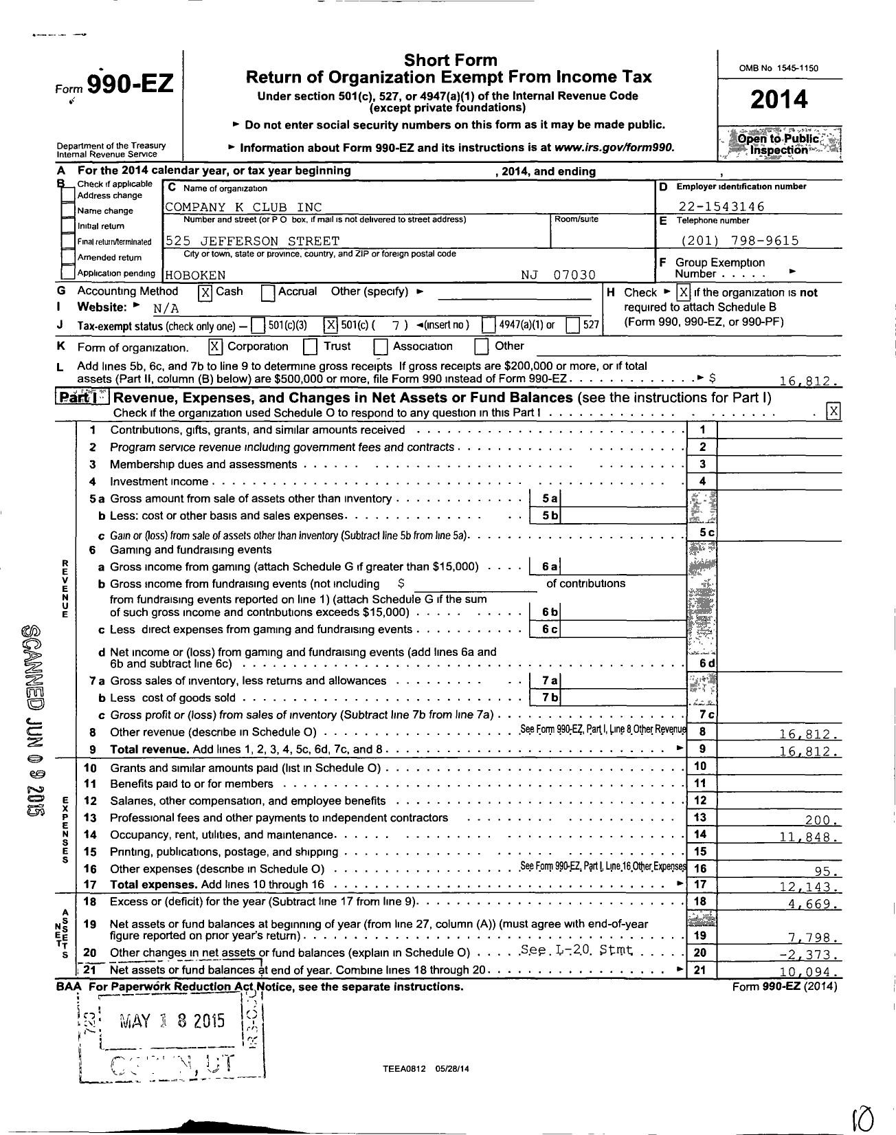 Image of first page of 2014 Form 990EO for Company K Club