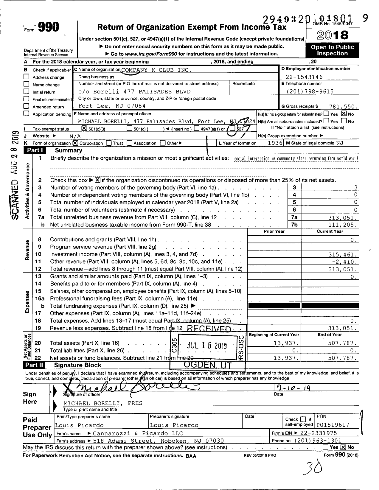 Image of first page of 2018 Form 990 for Company K Club