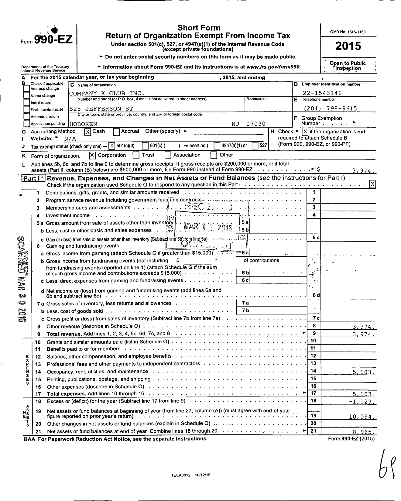 Image of first page of 2015 Form 990EZ for Company K Club