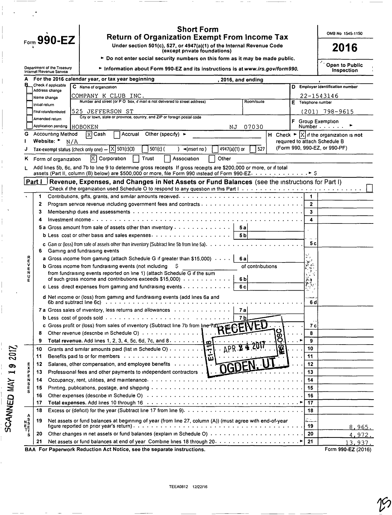 Image of first page of 2016 Form 990EZ for Company K Club