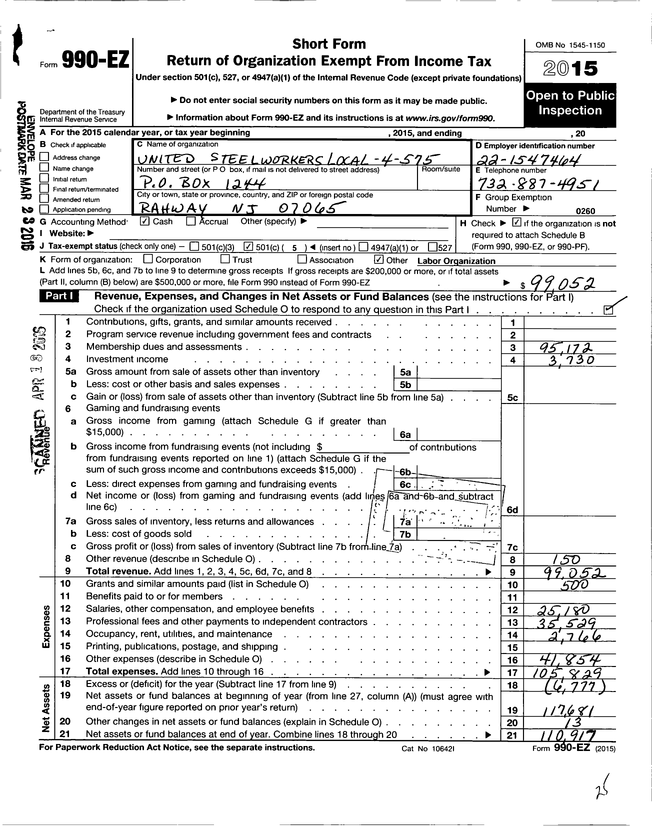 Image of first page of 2015 Form 990EO for United Steelworkers - 575 Local