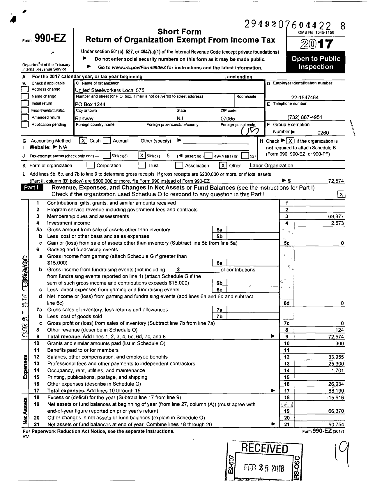 Image of first page of 2017 Form 990EO for United Steelworkers - 575 Local