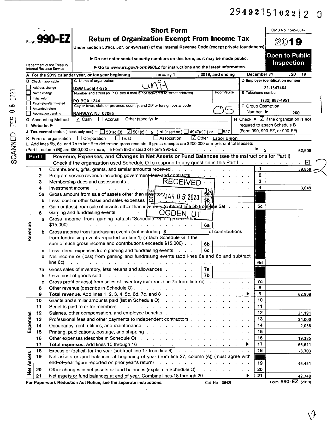 Image of first page of 2019 Form 990EO for United Steelworkers - 575 Local