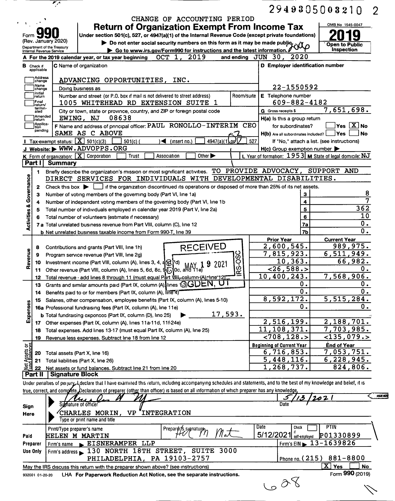 Image of first page of 2019 Form 990 for Advancing Opportunities