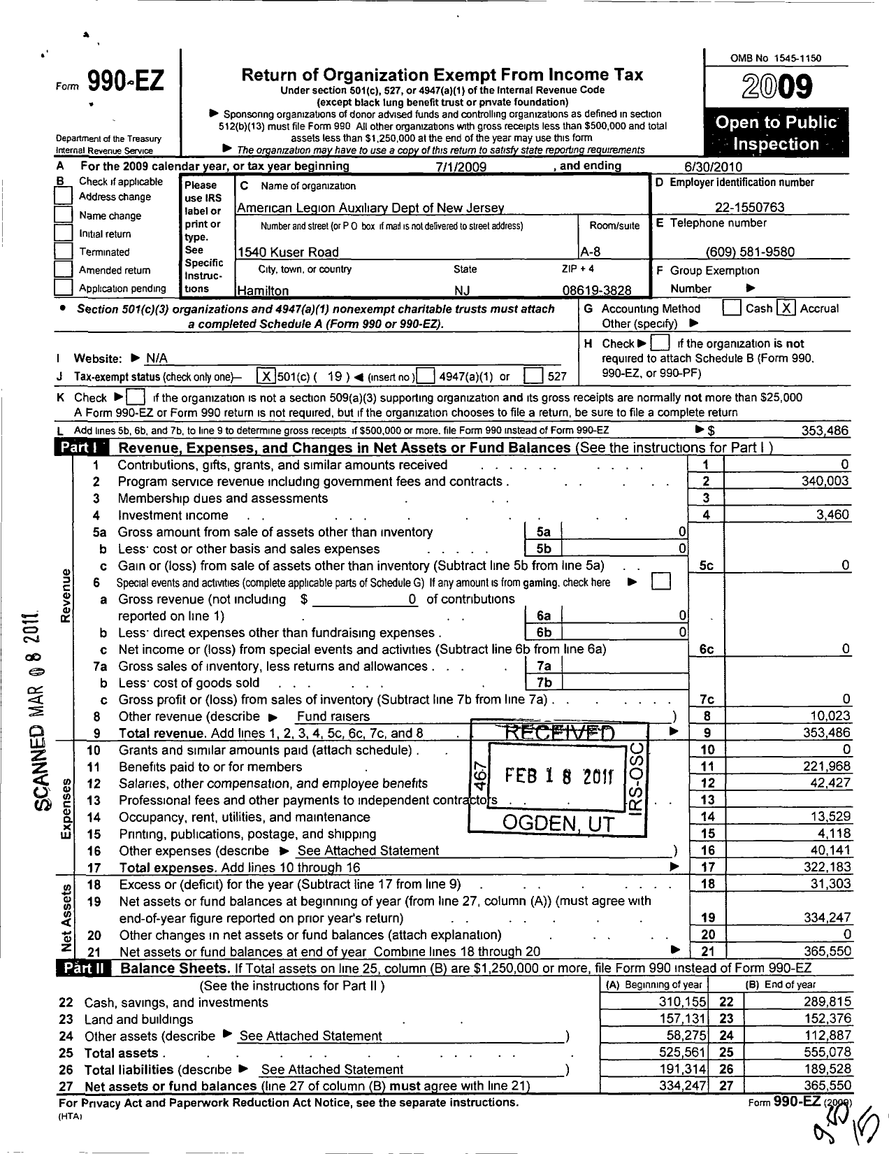 Image of first page of 2009 Form 990EO for American Legion Auxiliary Dept of New Jersey