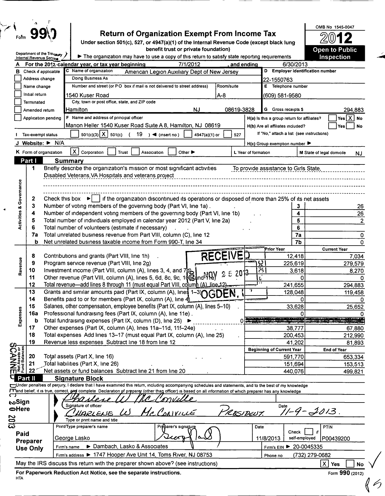 Image of first page of 2012 Form 990O for American Legion Auxiliary Dept of New Jersey