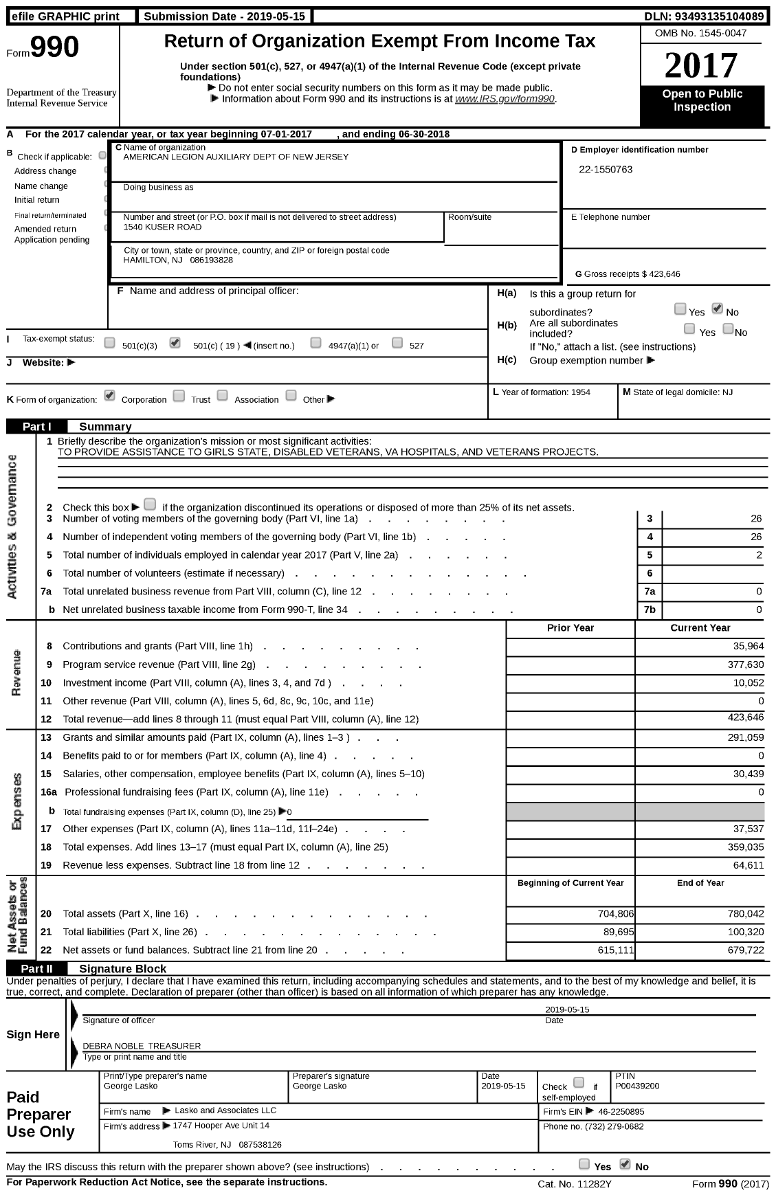 Image of first page of 2017 Form 990 for American Legion Auxiliary Dept of New Jersey