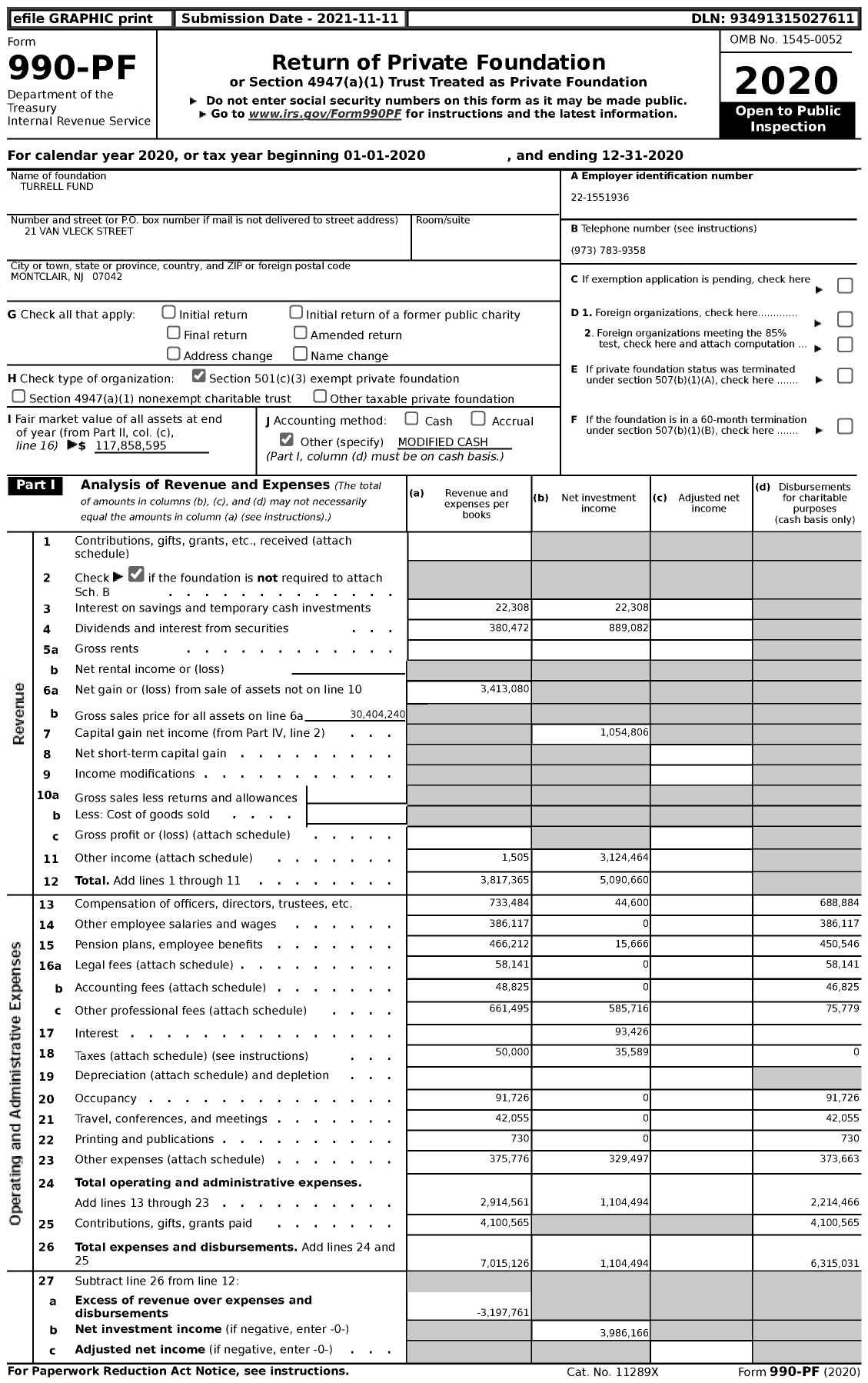 Image of first page of 2020 Form 990PF for Turrell Fund