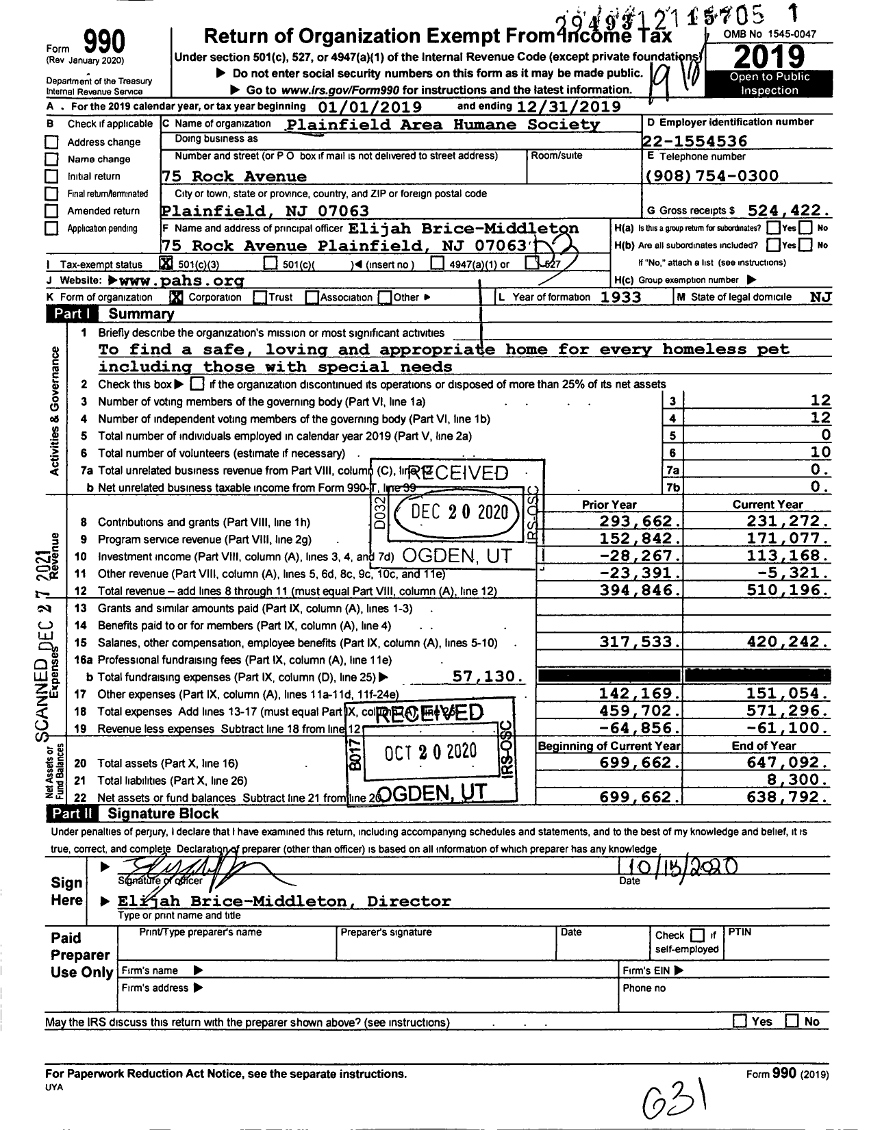 Image of first page of 2019 Form 990 for Plainfield Area Humane Society