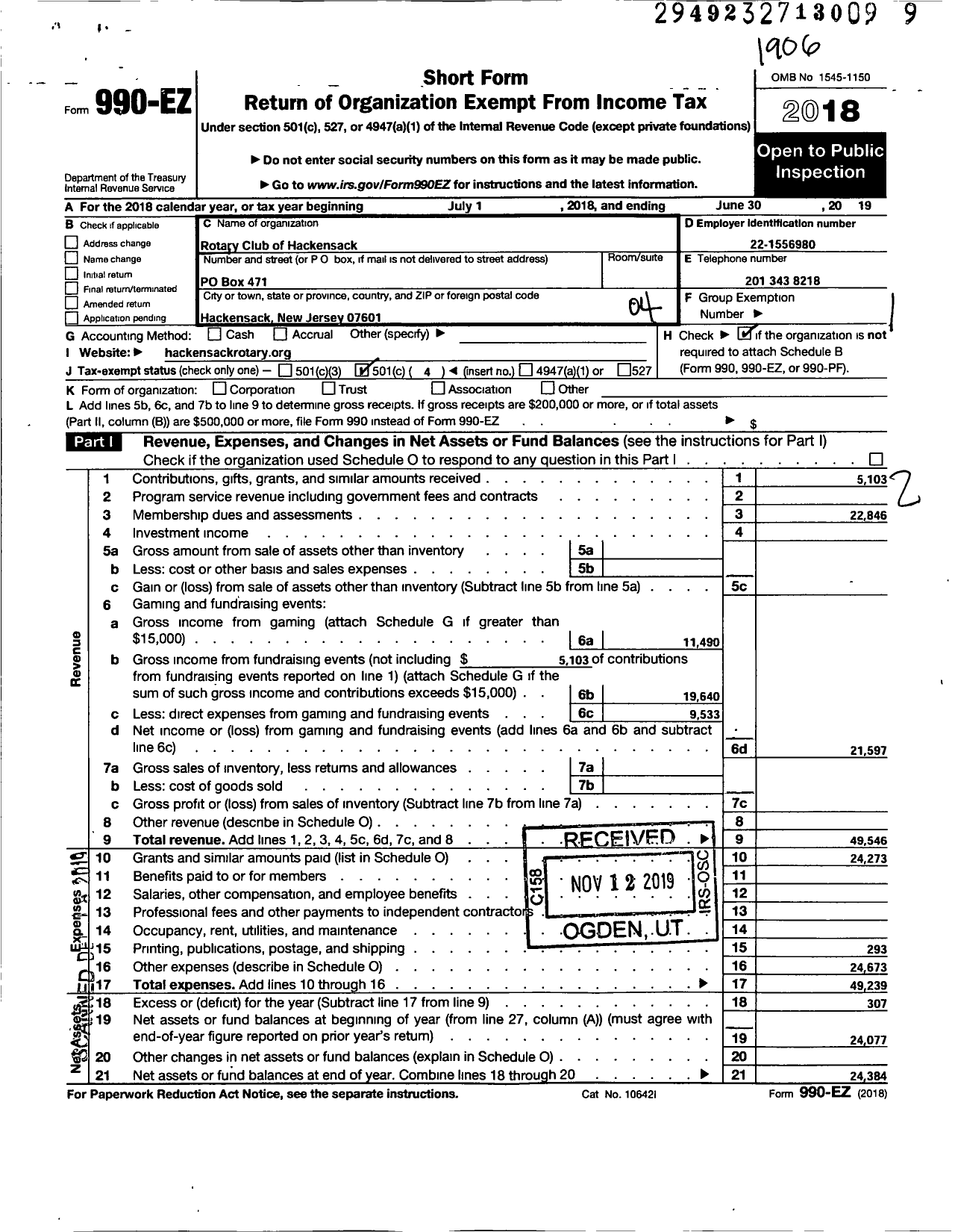 Image of first page of 2018 Form 990EO for Rotary International - Rotary Club of Hackensack