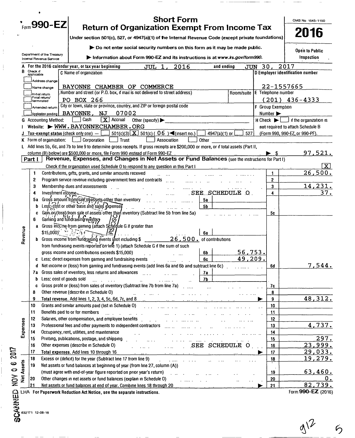Image of first page of 2016 Form 990EO for Bayonne Chamber of Commerce and Tax Research Council
