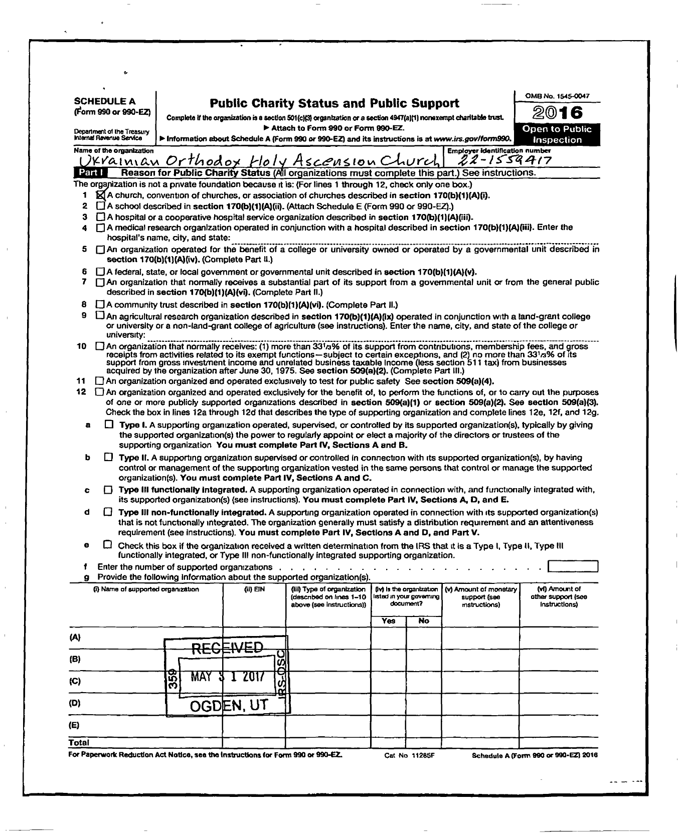 Image of first page of 2015 Form 990R for Ukrainian Orthodox Holy Ascension Church