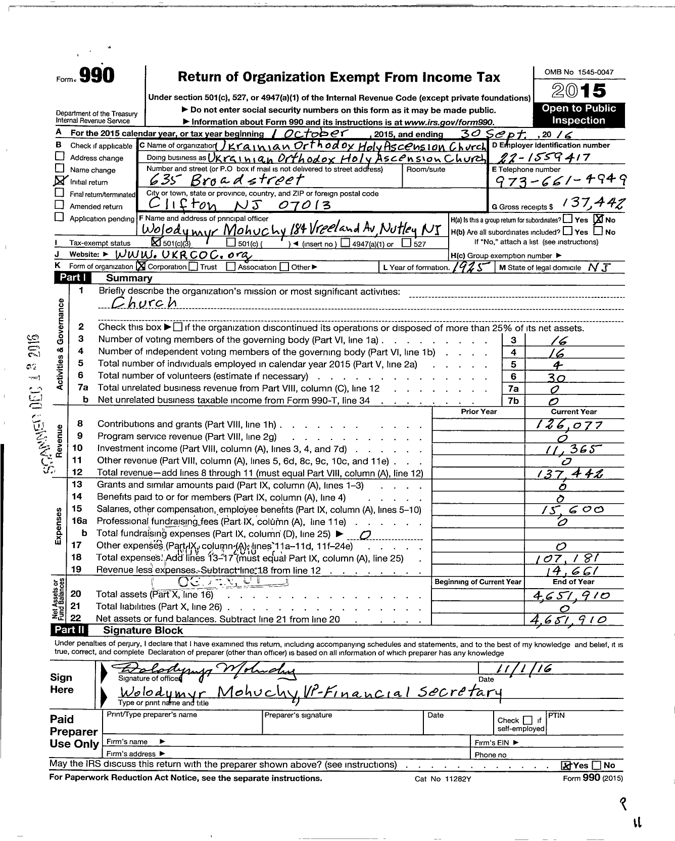 Image of first page of 2015 Form 990 for Ukrainian Orthodox Holy Ascension Church