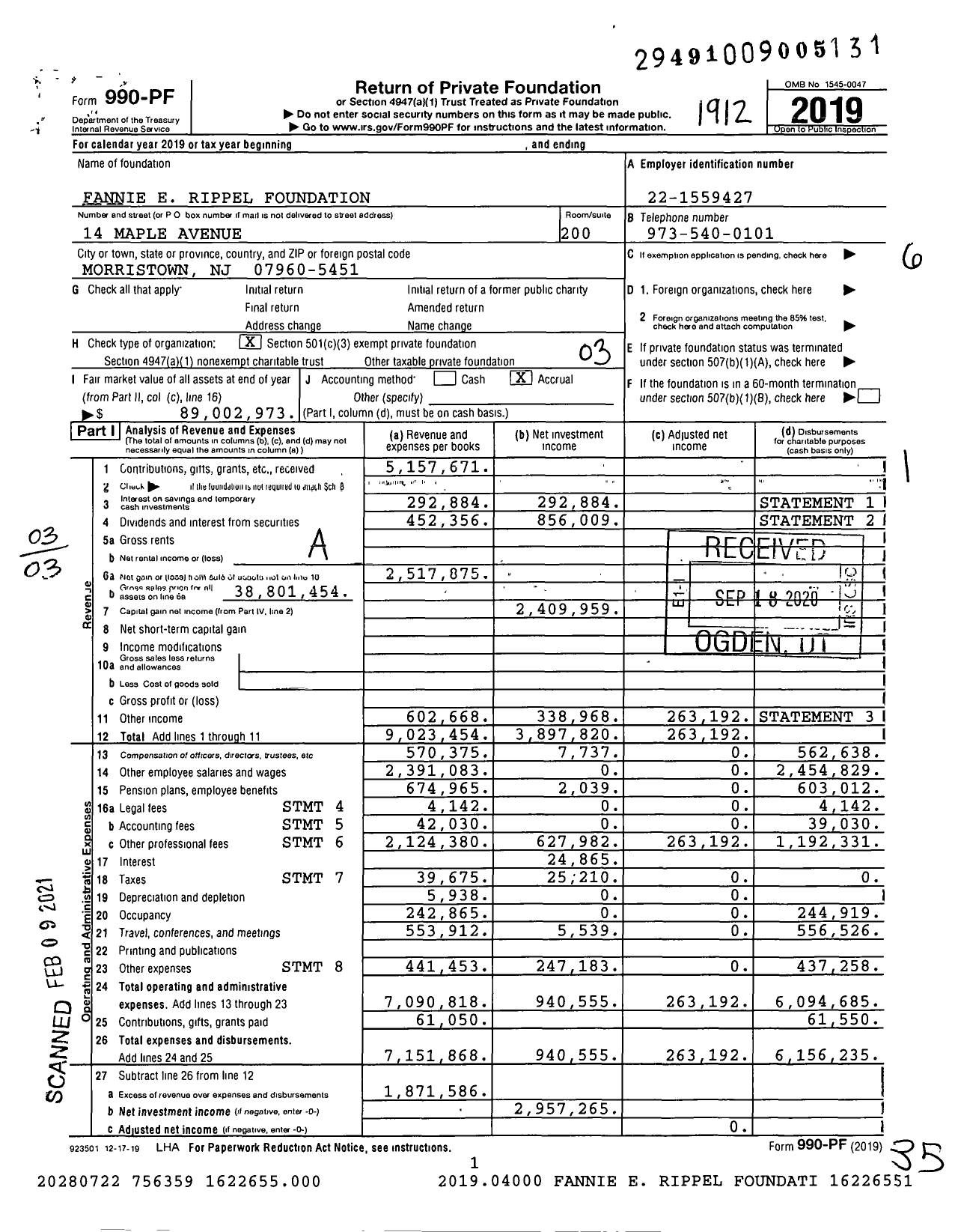 Image of first page of 2019 Form 990PF for The Rippel Foundation