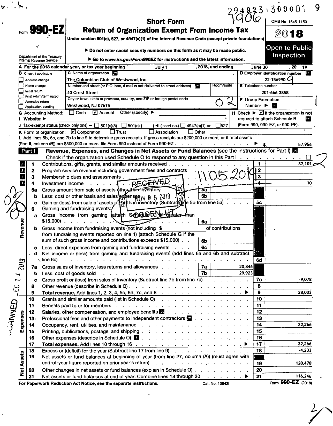 Image of first page of 2018 Form 990EO for Columbian Club of Westwood