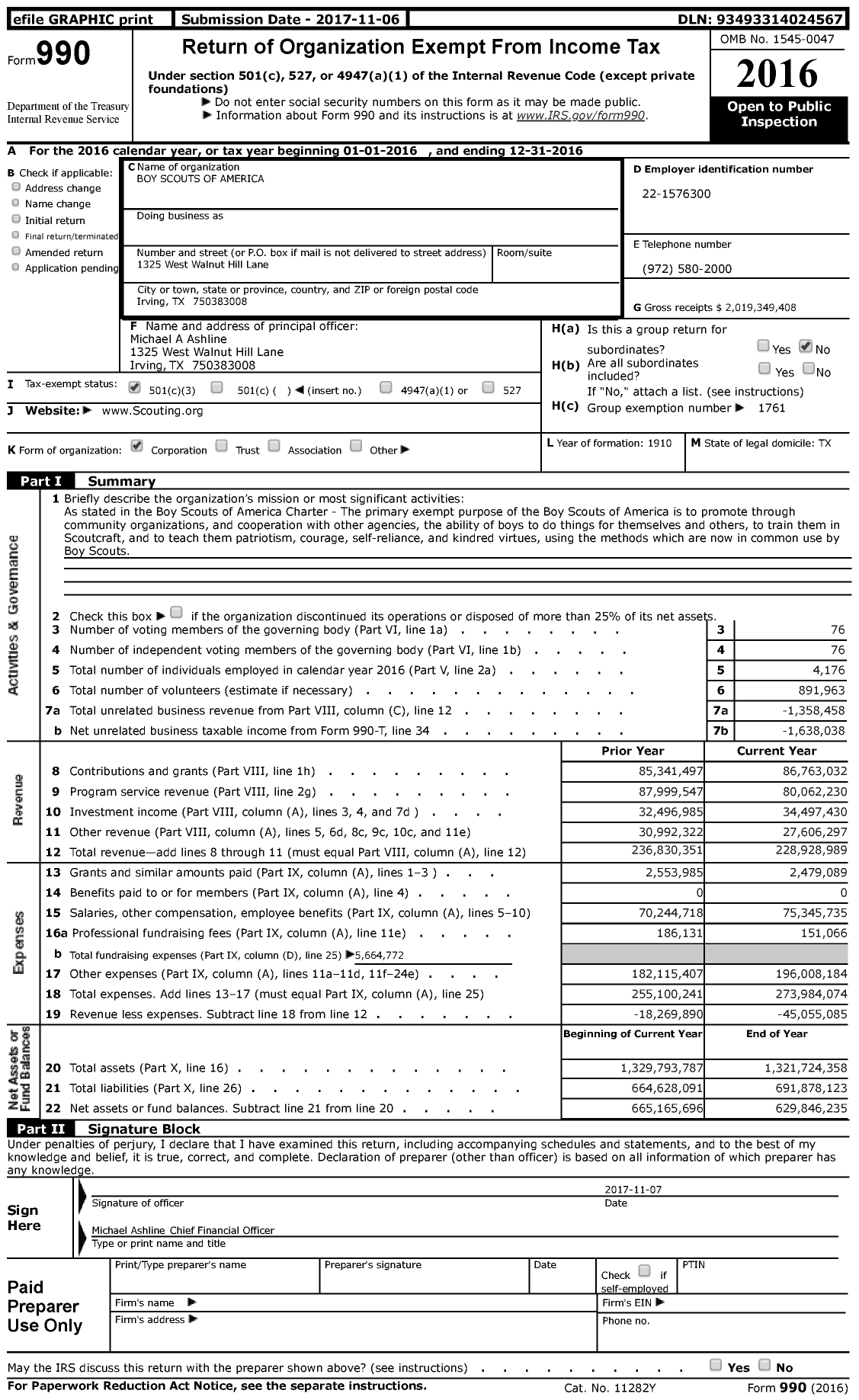 Image of first page of 2016 Form 990 for Boy Scouts of America - Stephanie Phillips (BSA)