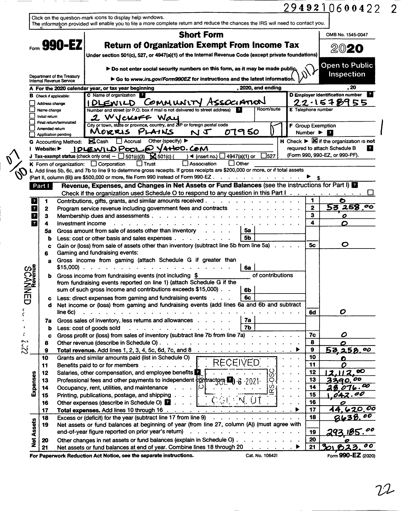 Image of first page of 2020 Form 990EO for Idlewild Community Association