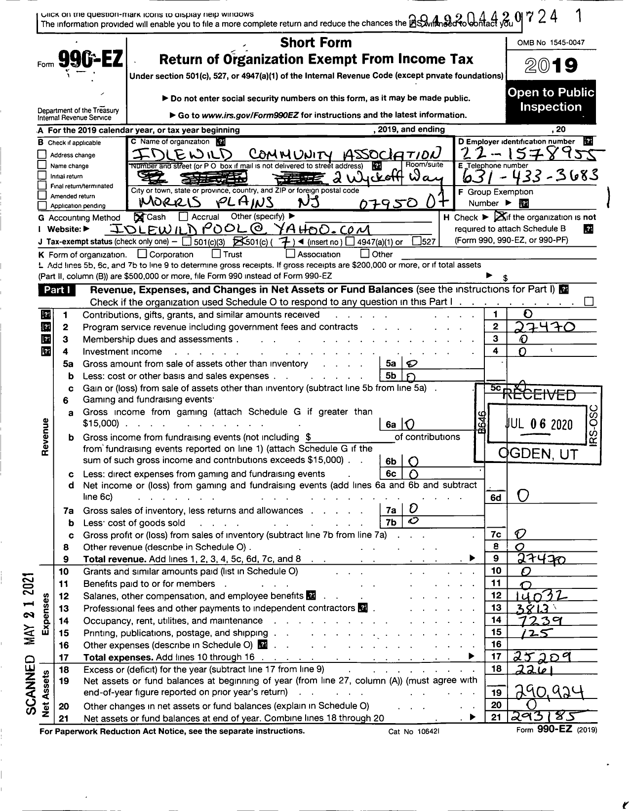 Image of first page of 2019 Form 990EO for Idlewild Community Association