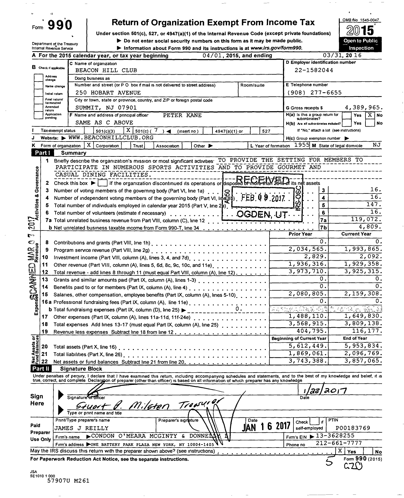 Image of first page of 2015 Form 990O for Beacon Hill Club