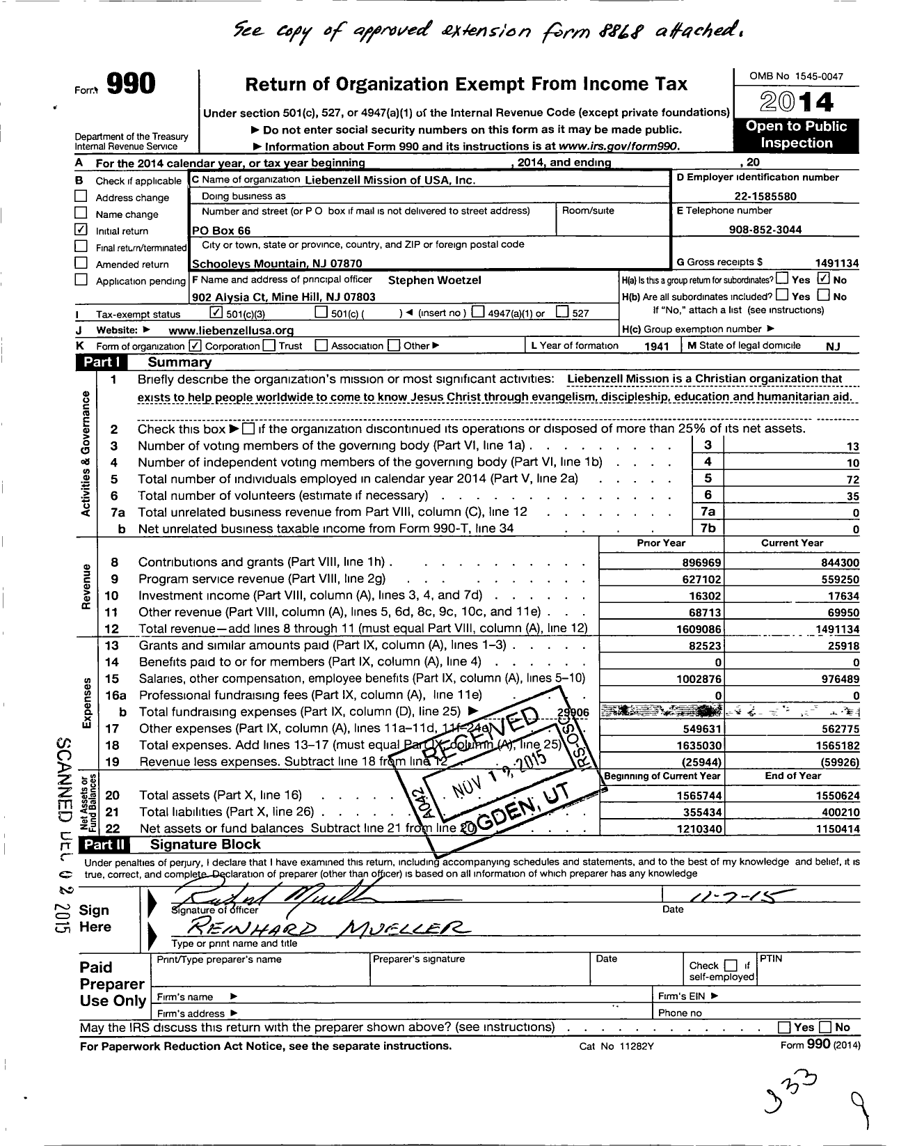 Image of first page of 2014 Form 990 for Liebenzell Mission of USA