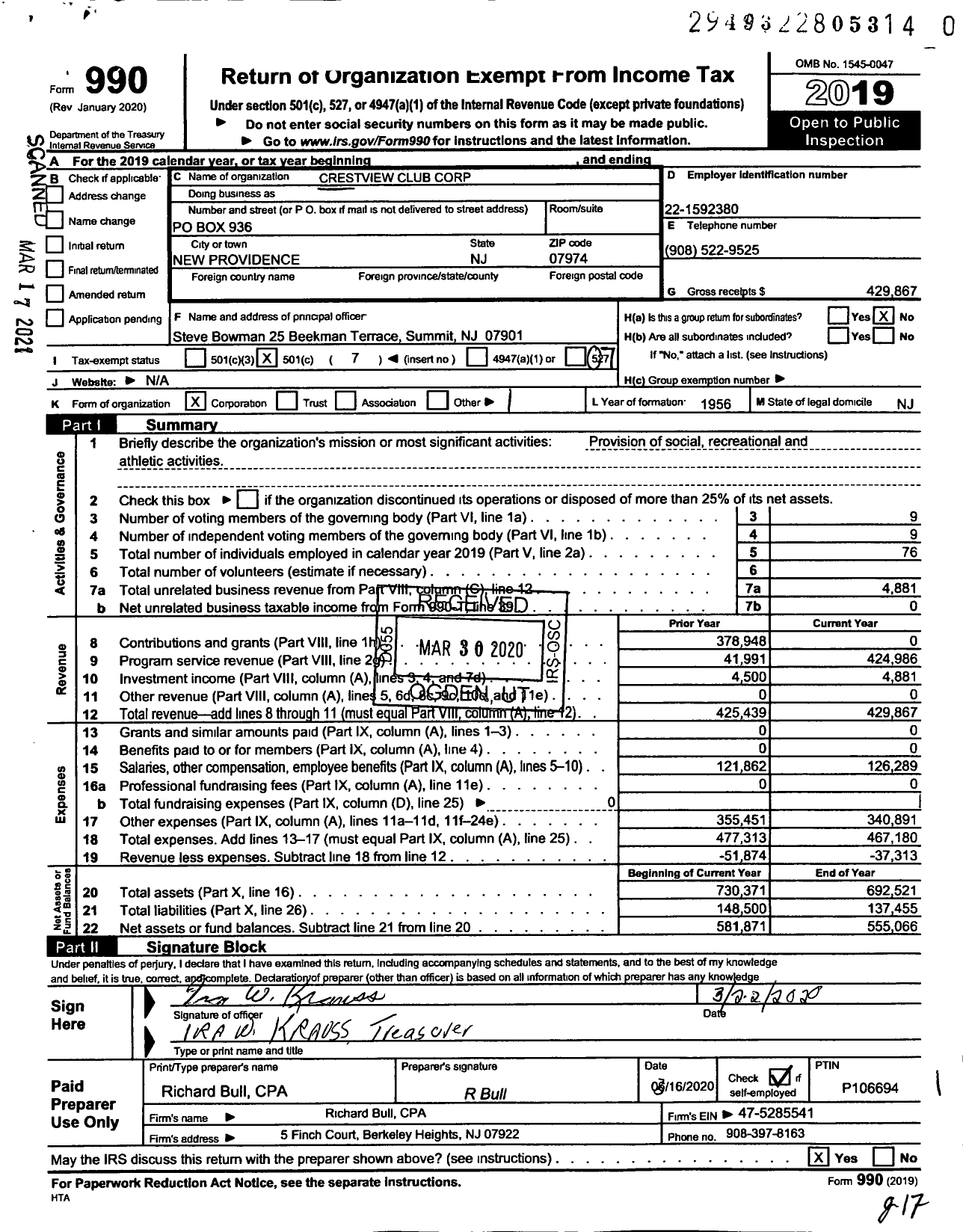 Image of first page of 2019 Form 990O for Crestview Club Corporation