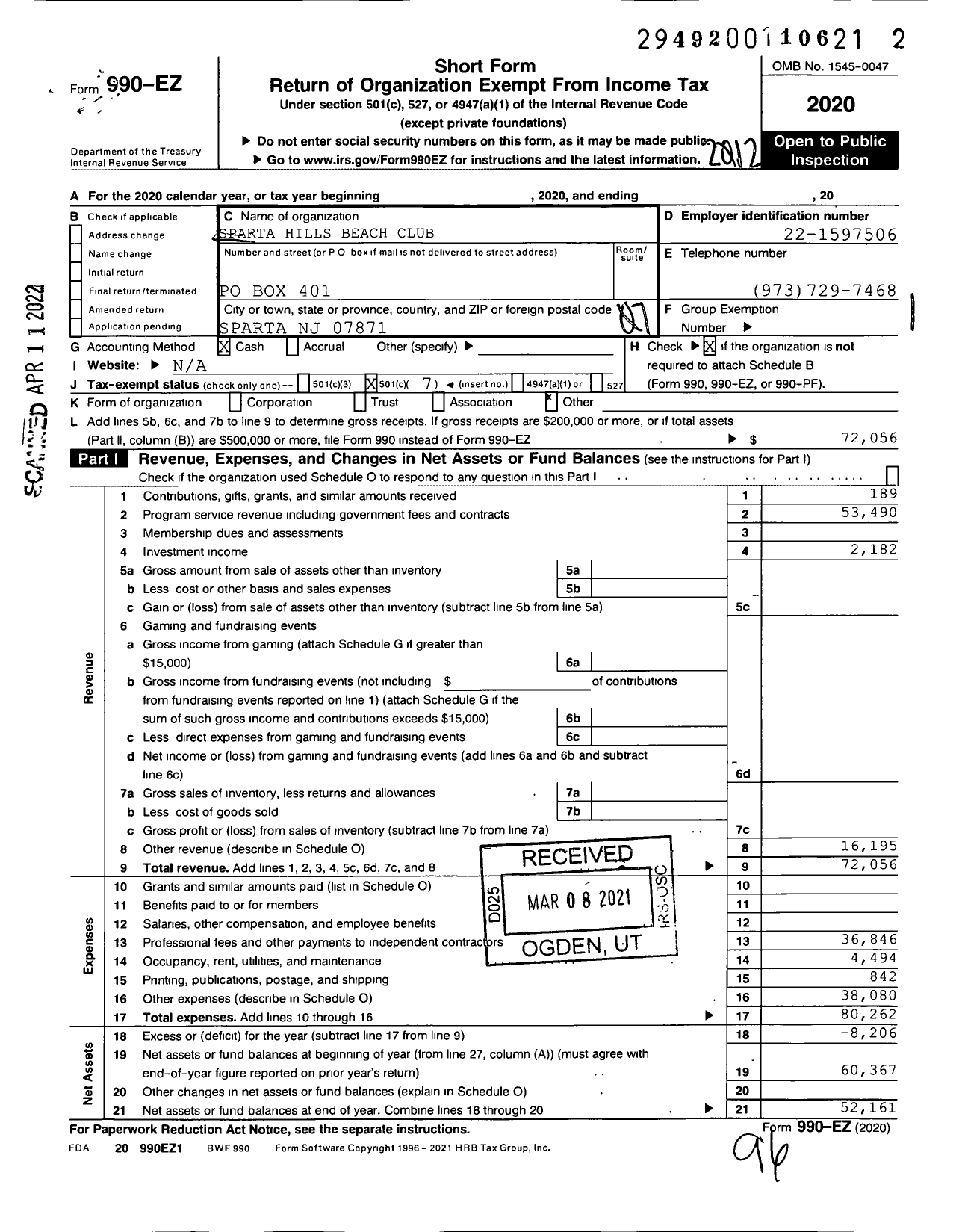 Image of first page of 2020 Form 990EO for Sparta Hills Beach Club