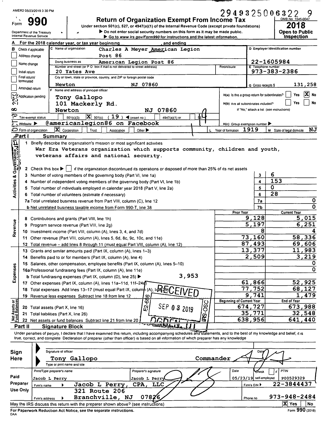 Image of first page of 2018 Form 990O for American Legion - Charles A Meyer American Legion Post 86