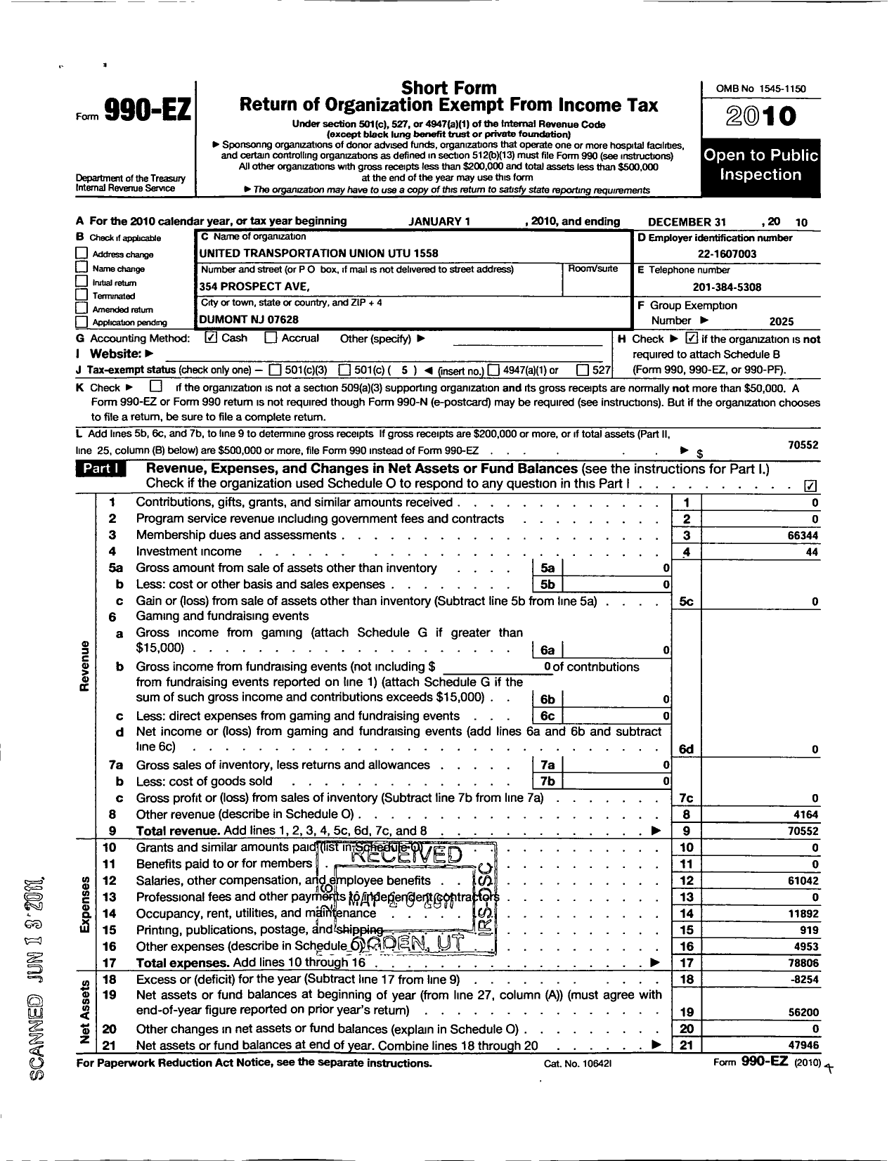 Image of first page of 2010 Form 990EO for Smart Union - 1558 TD