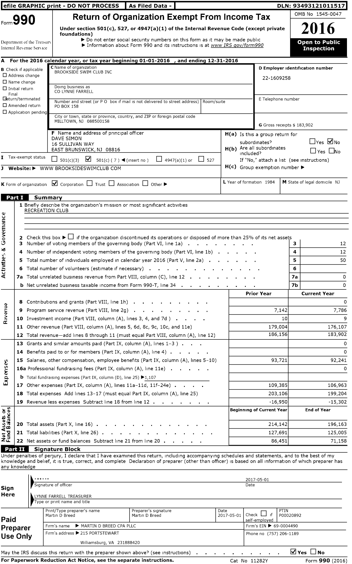 Image of first page of 2016 Form 990O for Brookside Swim Club