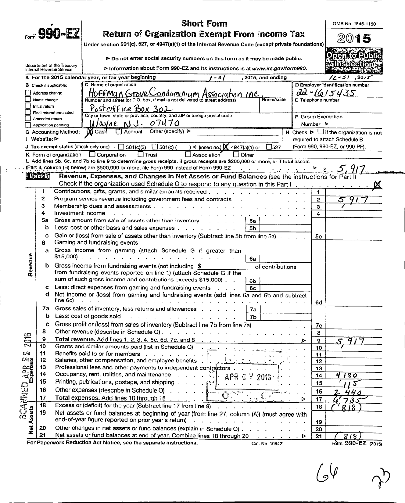 Image of first page of 2015 Form 990EO for Hoffman Grove Association
