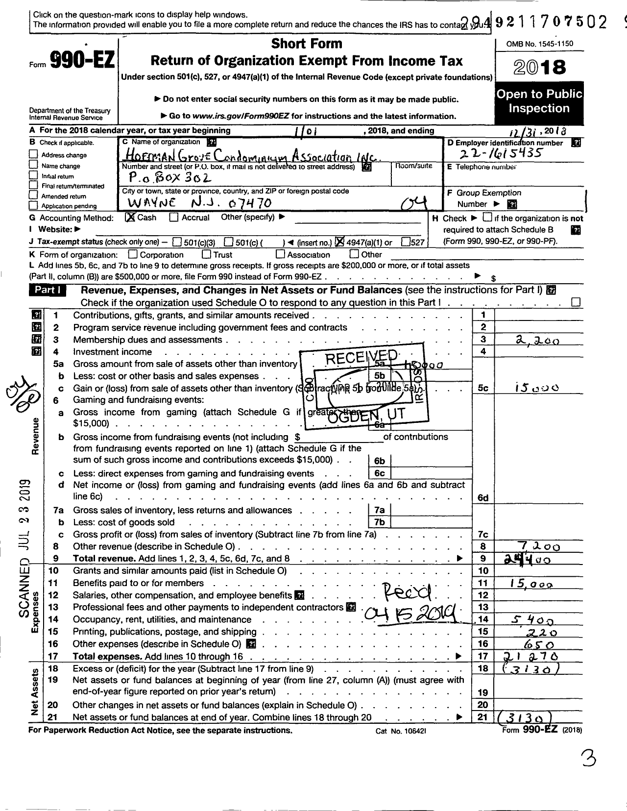 Image of first page of 2018 Form 990EO for Hoffman Grove Association