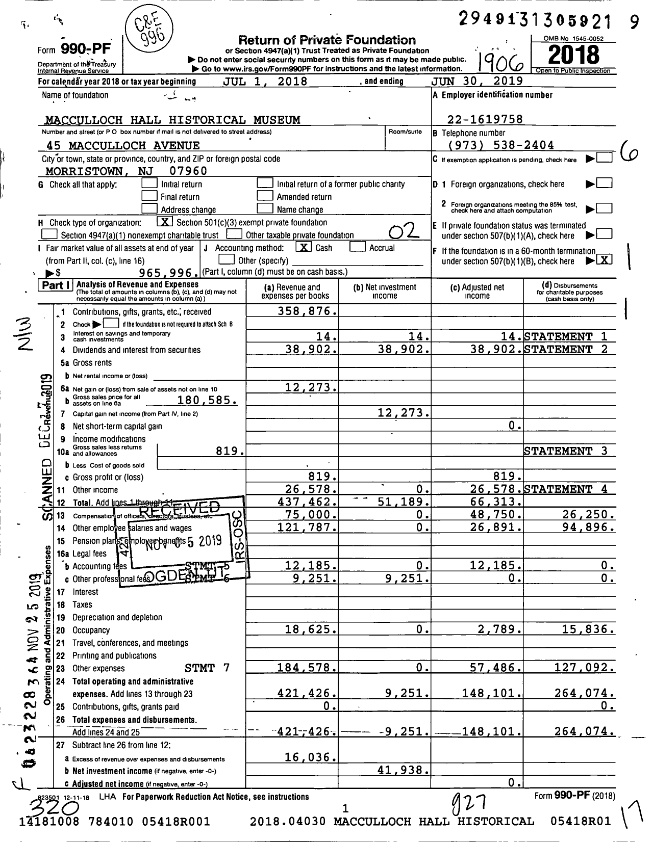 Image of first page of 2018 Form 990PF for Macculloch Hall Historical Museum