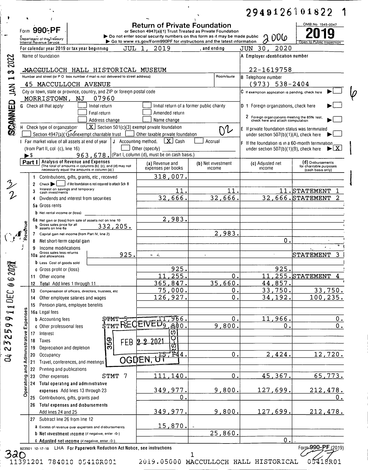 Image of first page of 2019 Form 990PF for Macculloch Hall Historical Museum