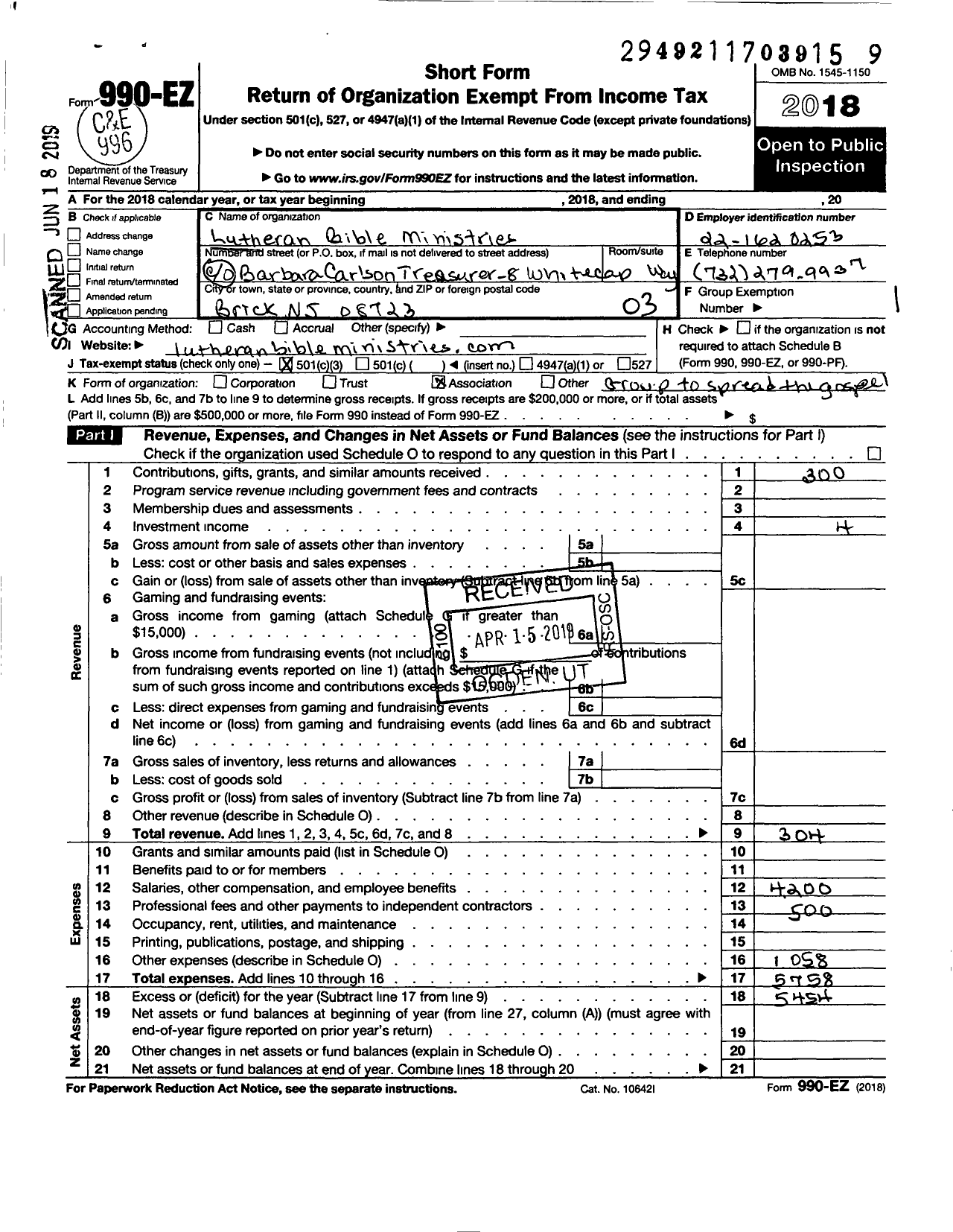 Image of first page of 2018 Form 990EZ for Lutheran Bible Ministries