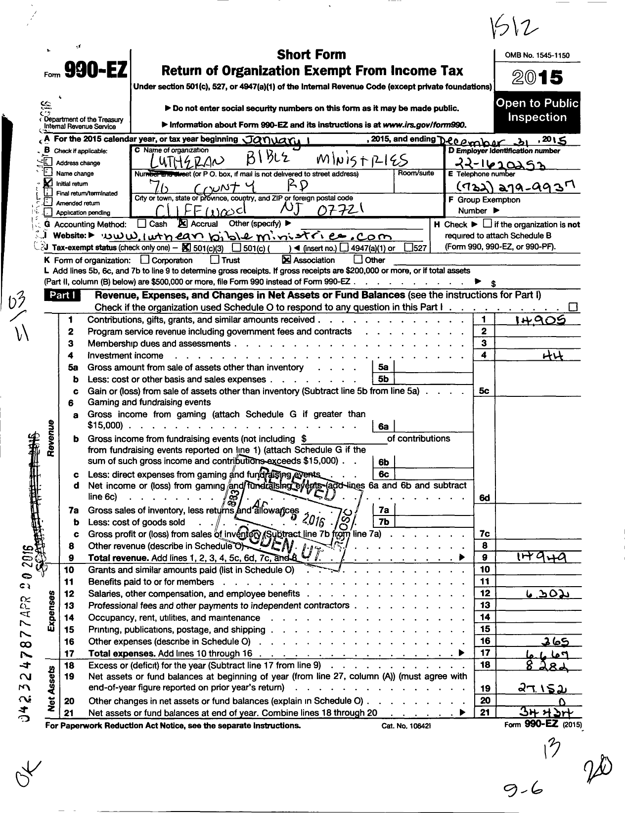 Image of first page of 2015 Form 990EZ for Lutheran Bible Ministries