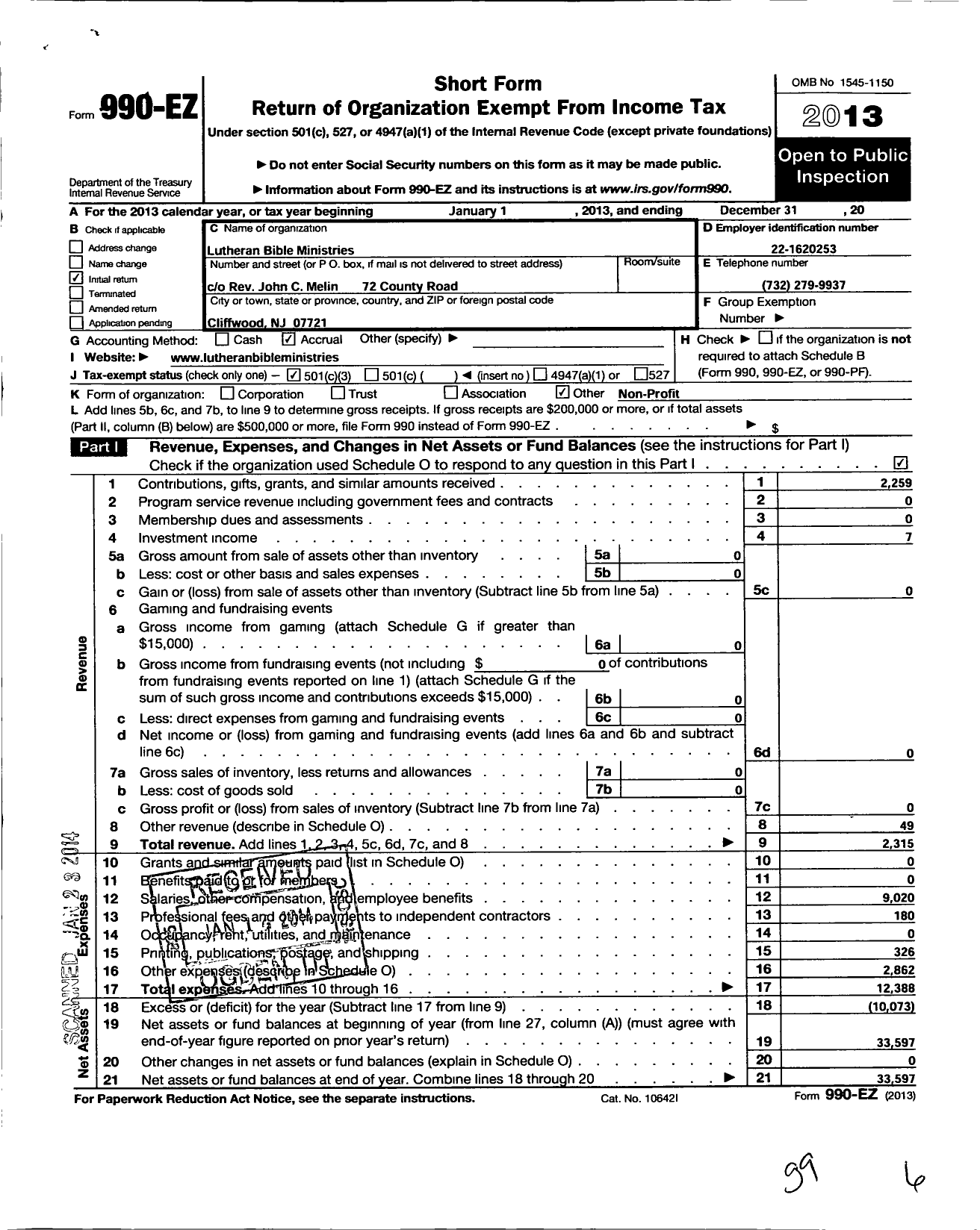 Image of first page of 2013 Form 990EZ for Lutheran Bible Ministries